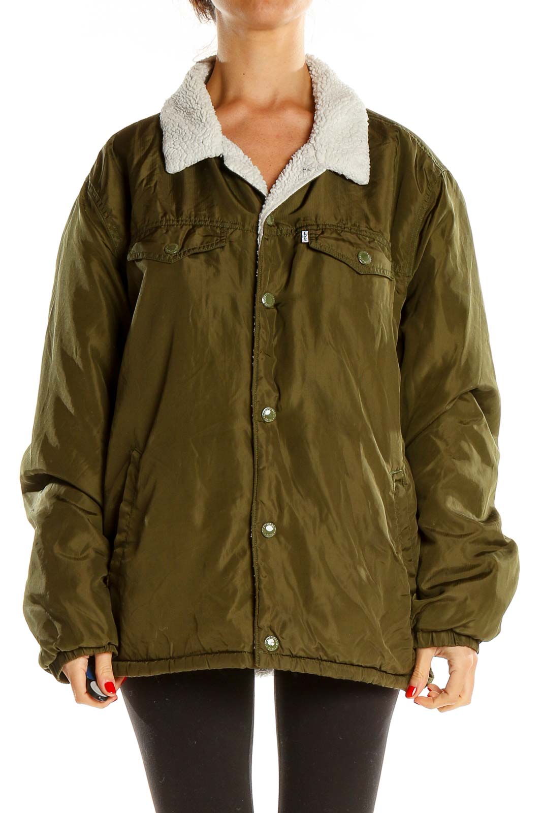 Green Military Jacket With Sherpa Lining Front