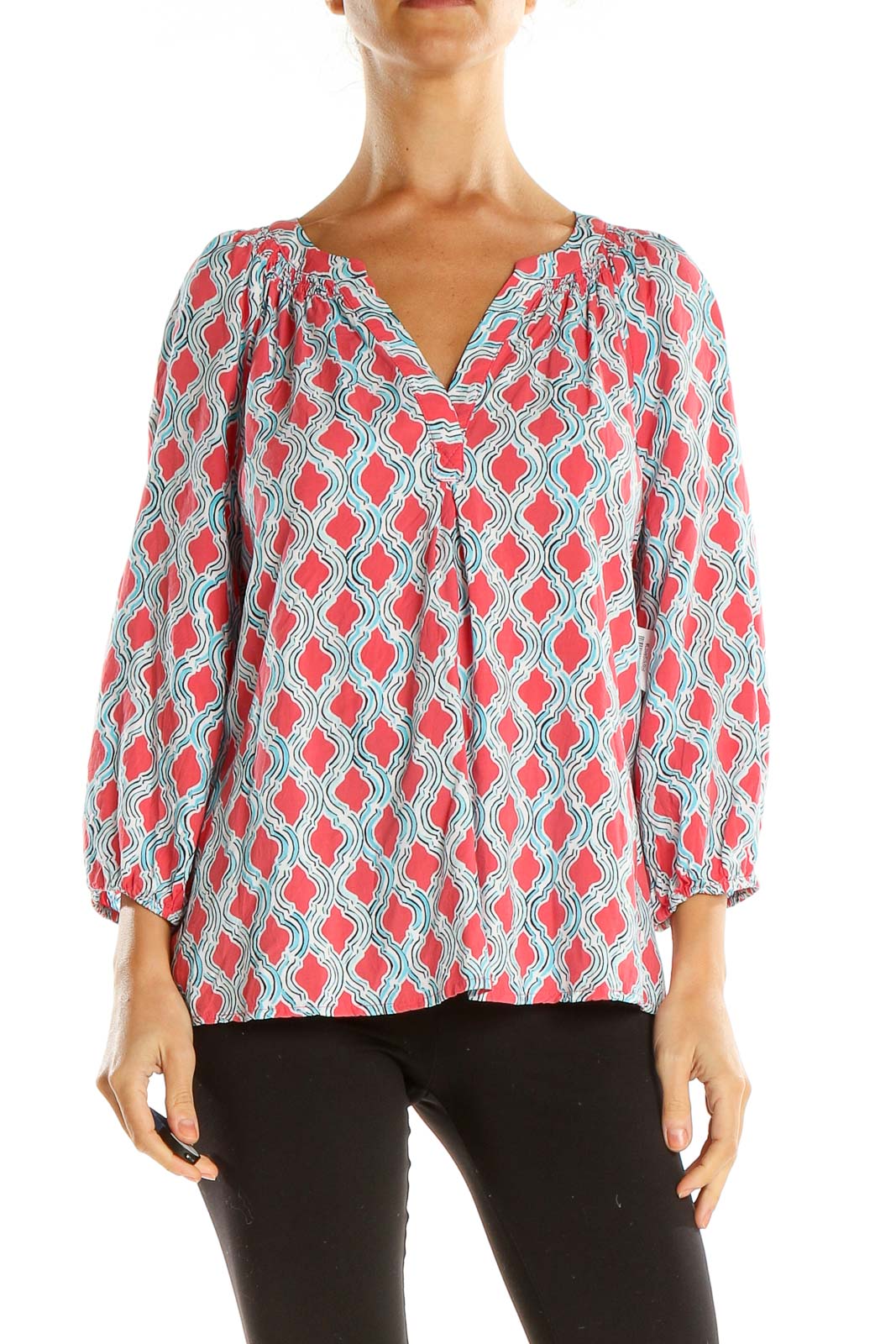 Red Blue Printed Brunch Blouse Front