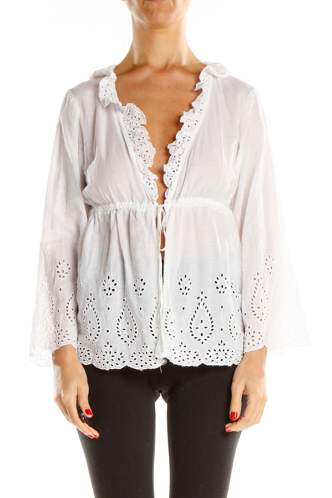 White Eyelet Delicate Tie Front Top Front