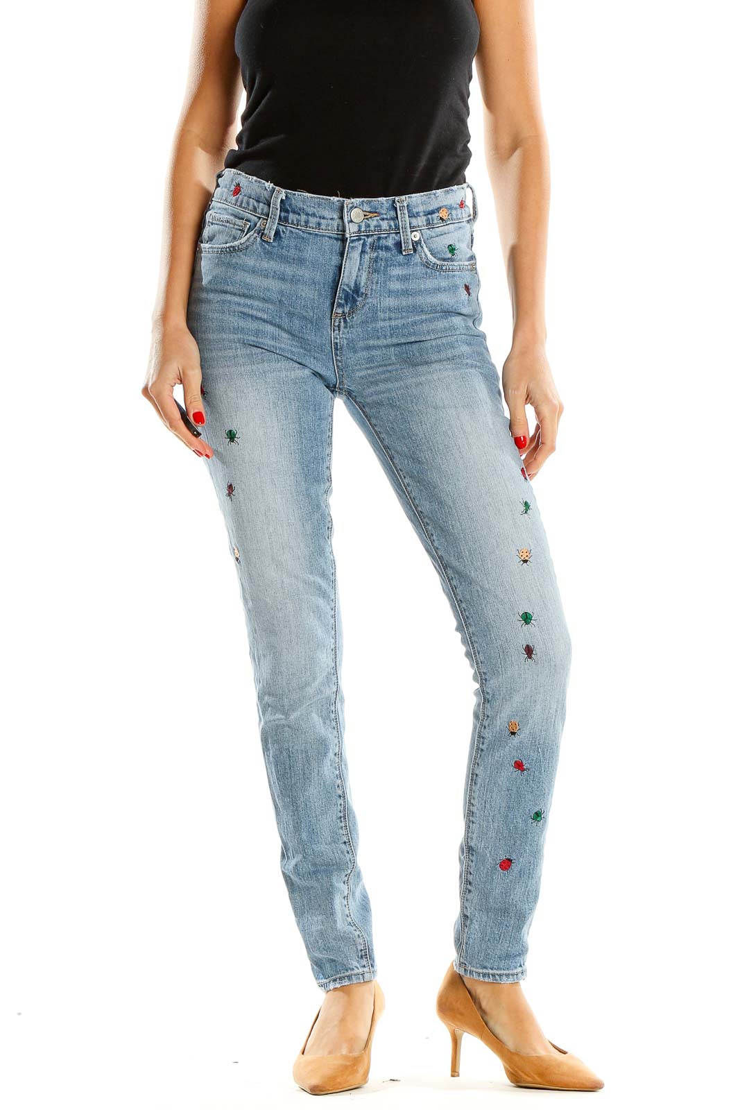 Blue Embroidered Skinny Jeans Front
