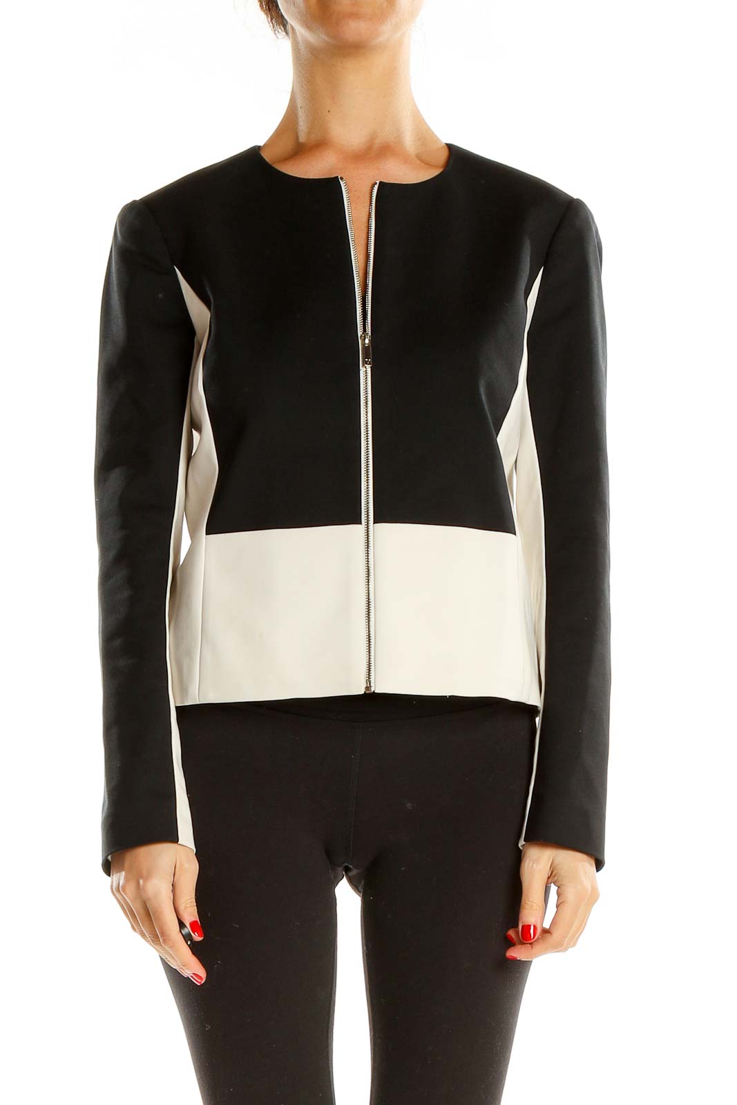 Black White Colorblock Fitted Jacket Front