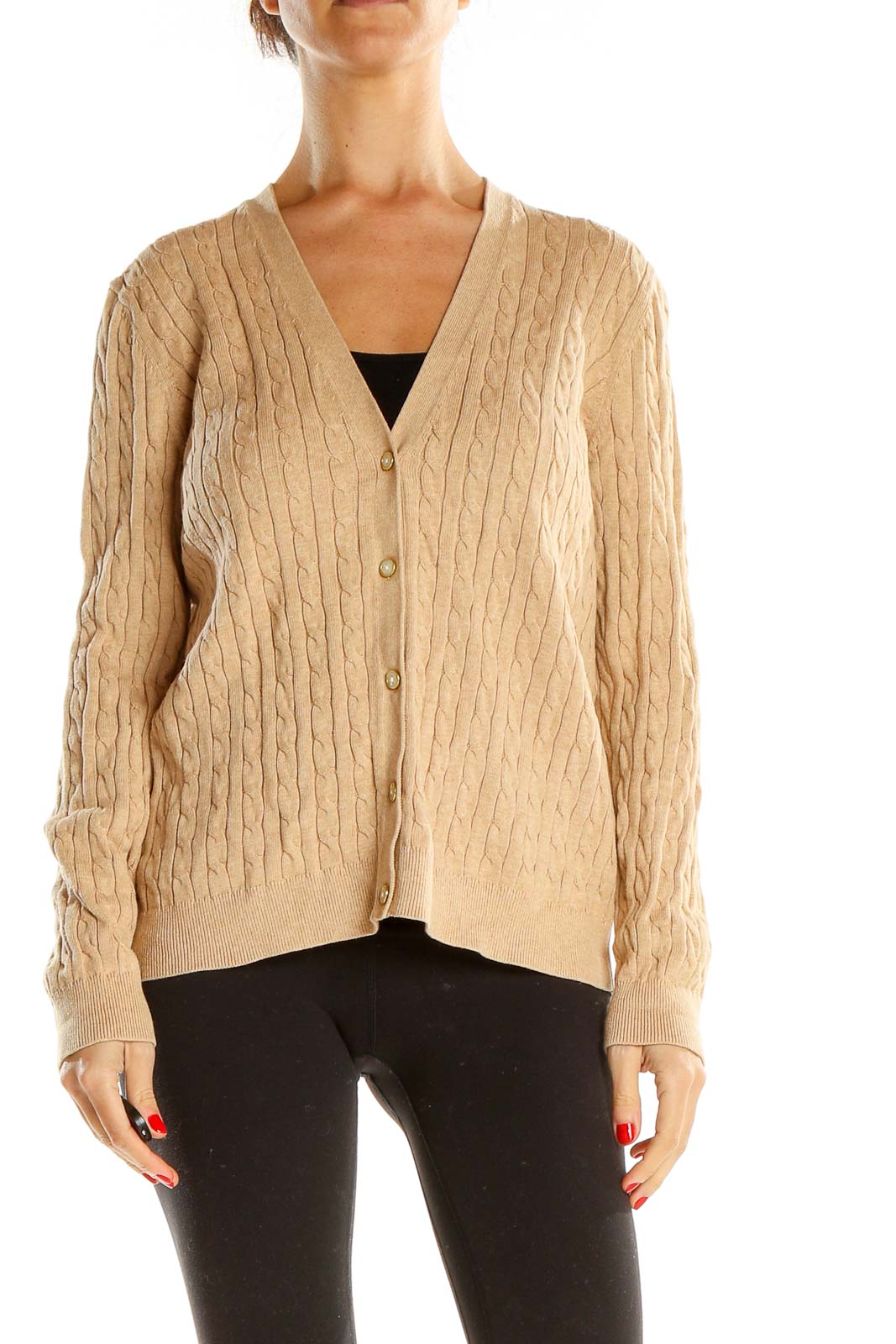 Beige Cable Knit Cardigan Front