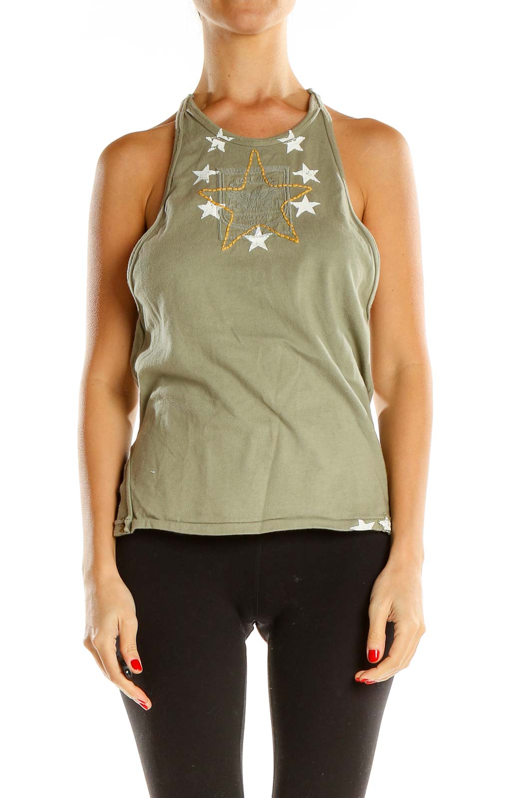Green Embroidered Casual Tank Top Front
