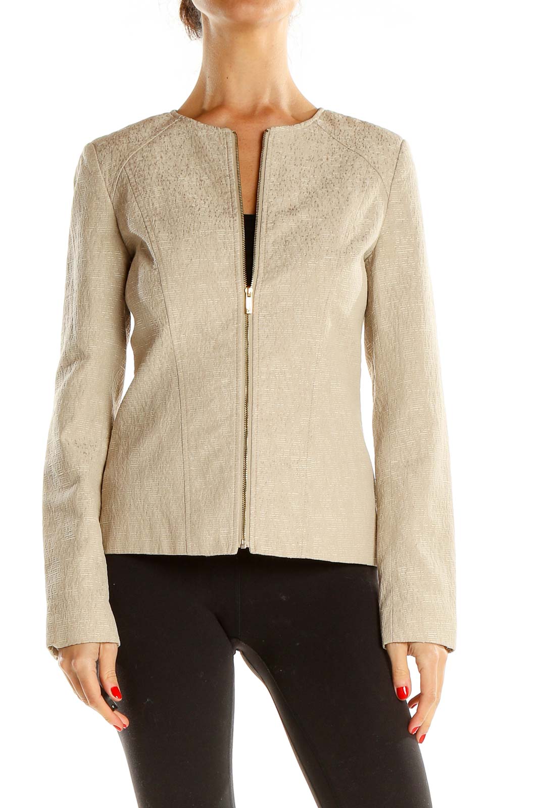 Beige Textured Fitted Jacket Front