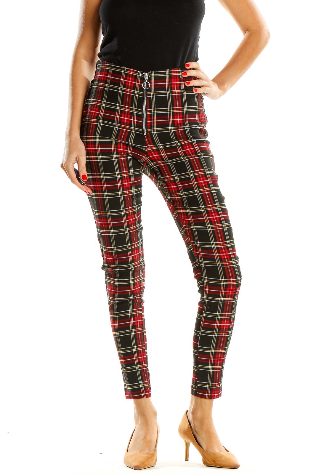 Red Checkered Casual Pants Front
