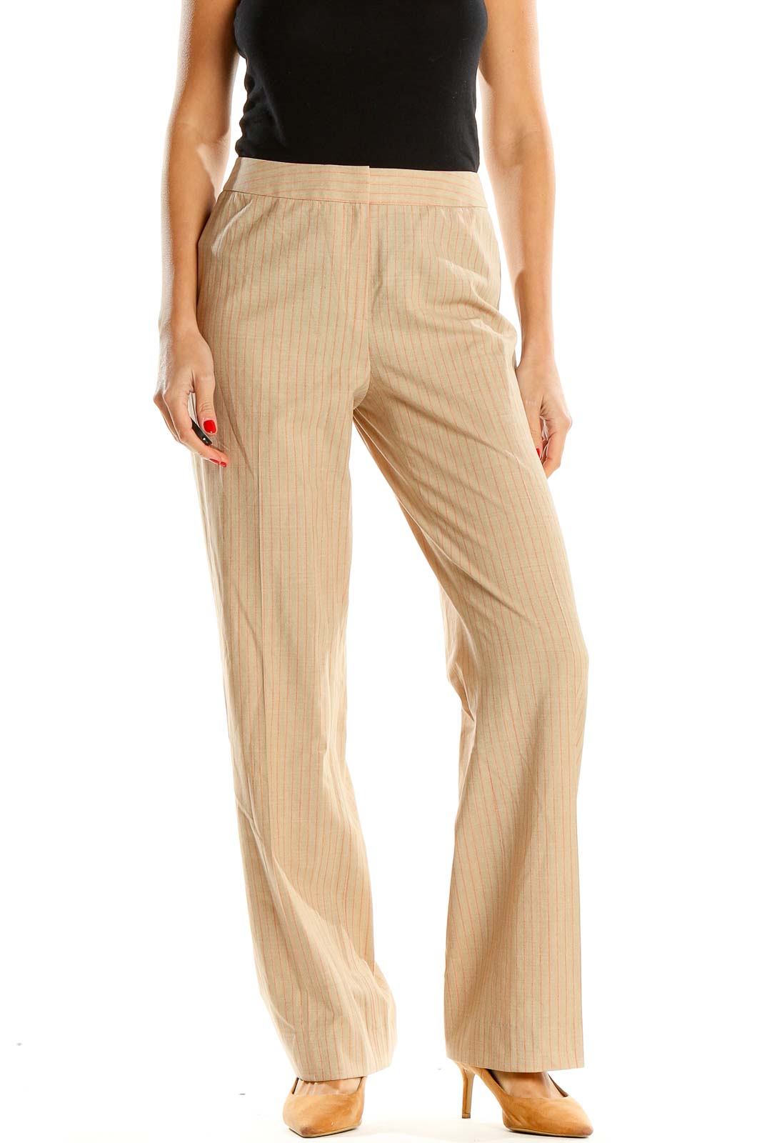Beige Striped Classic Trousers Front