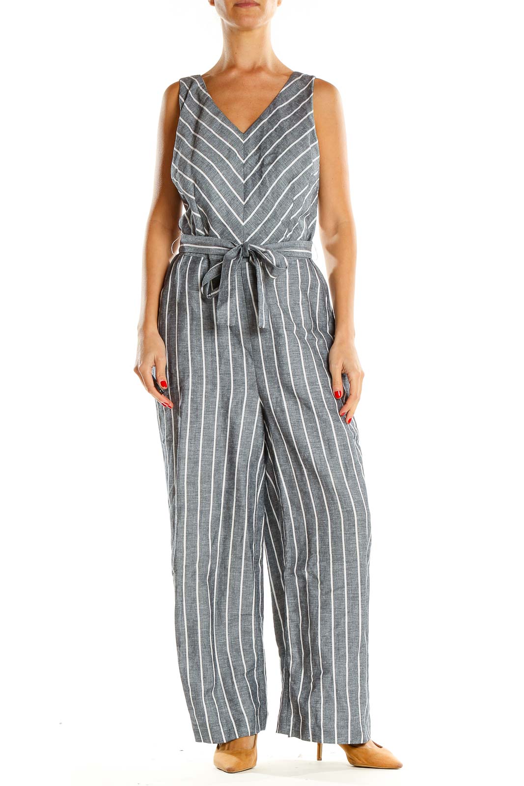 Gray Striped Jumpsuit Front