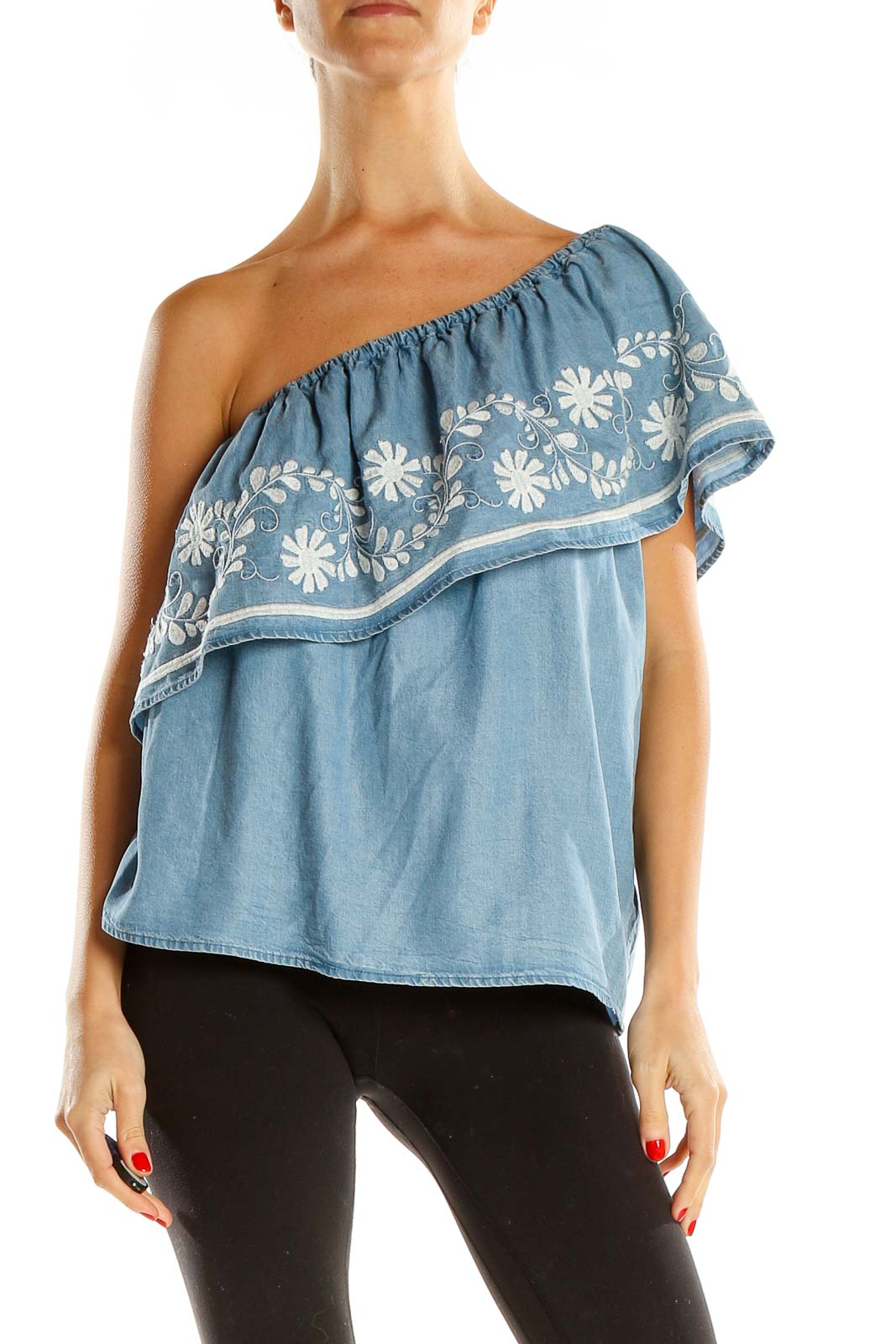 Blue Embroidered One-Shoulder Holiday Blouse Front