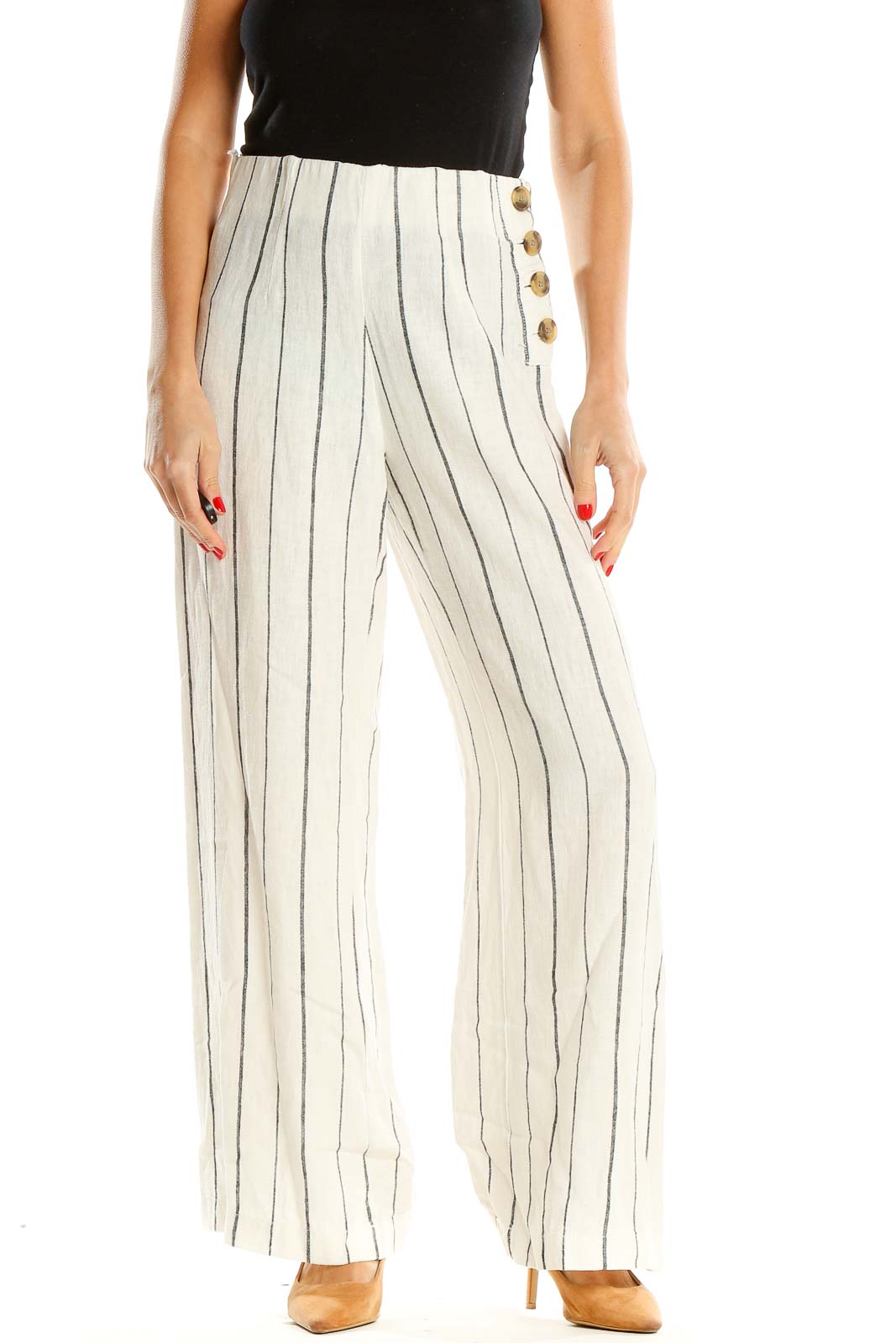 Beige Striped Casual Pants Front