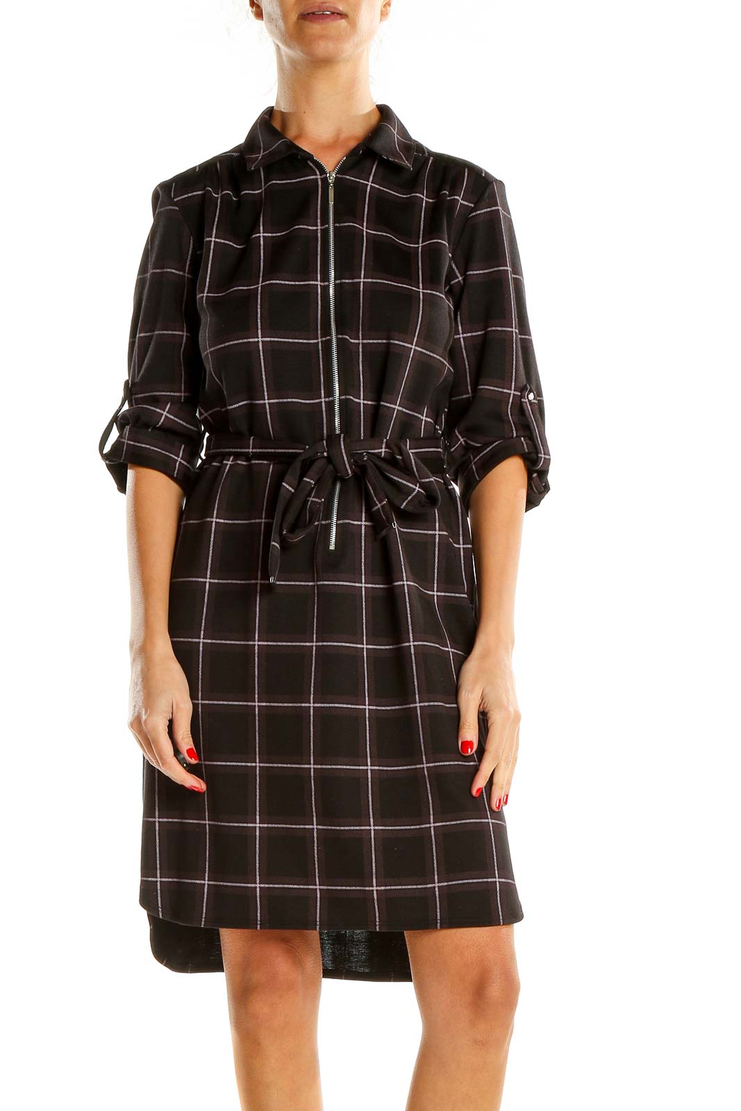 Black Checkered Casual Shirt Dress Front
