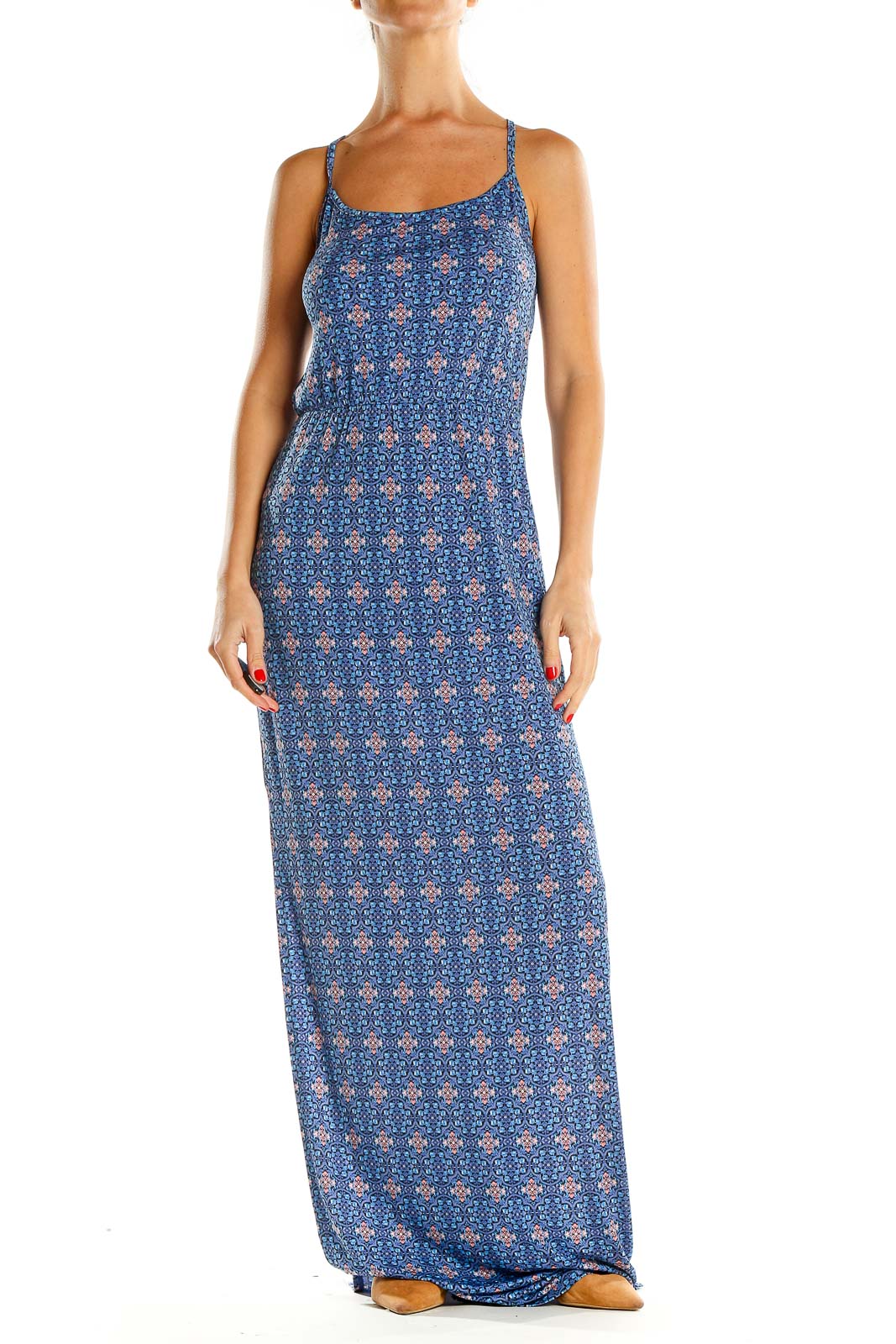 Blue Geometric Print Holiday Column Dress Front