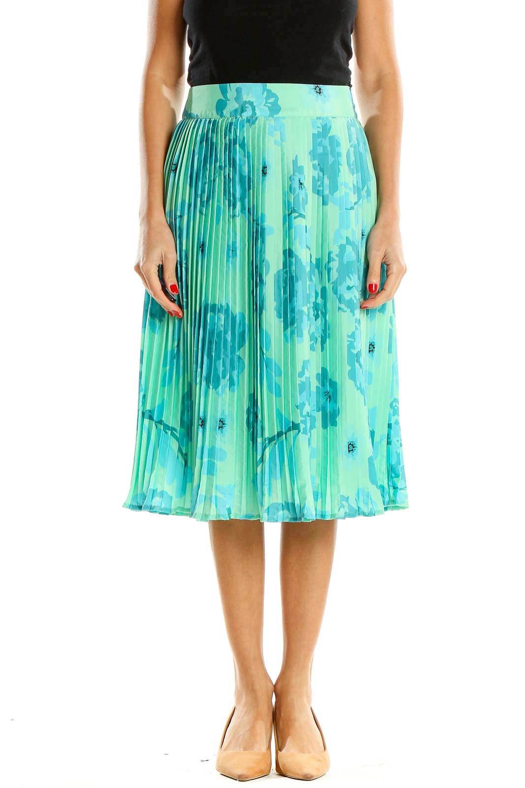 Blue Floral Print Retro Pleated Skirt Front