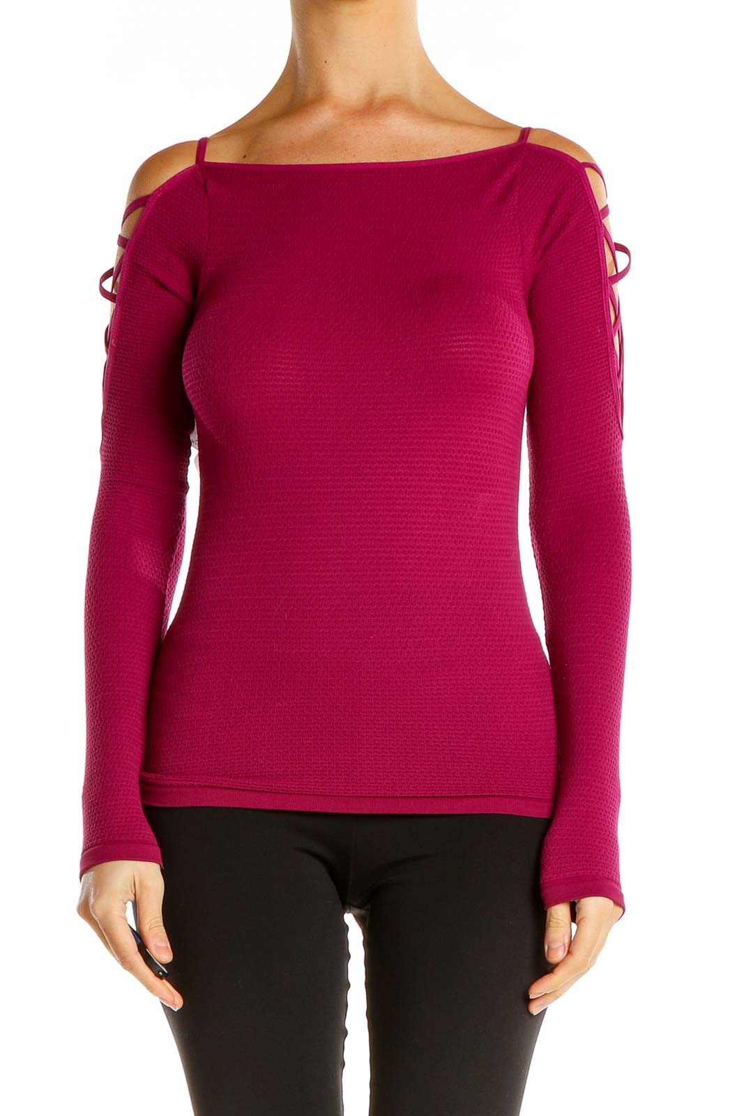 Pink Casual Top with Lace Up Sleeve Detail Front