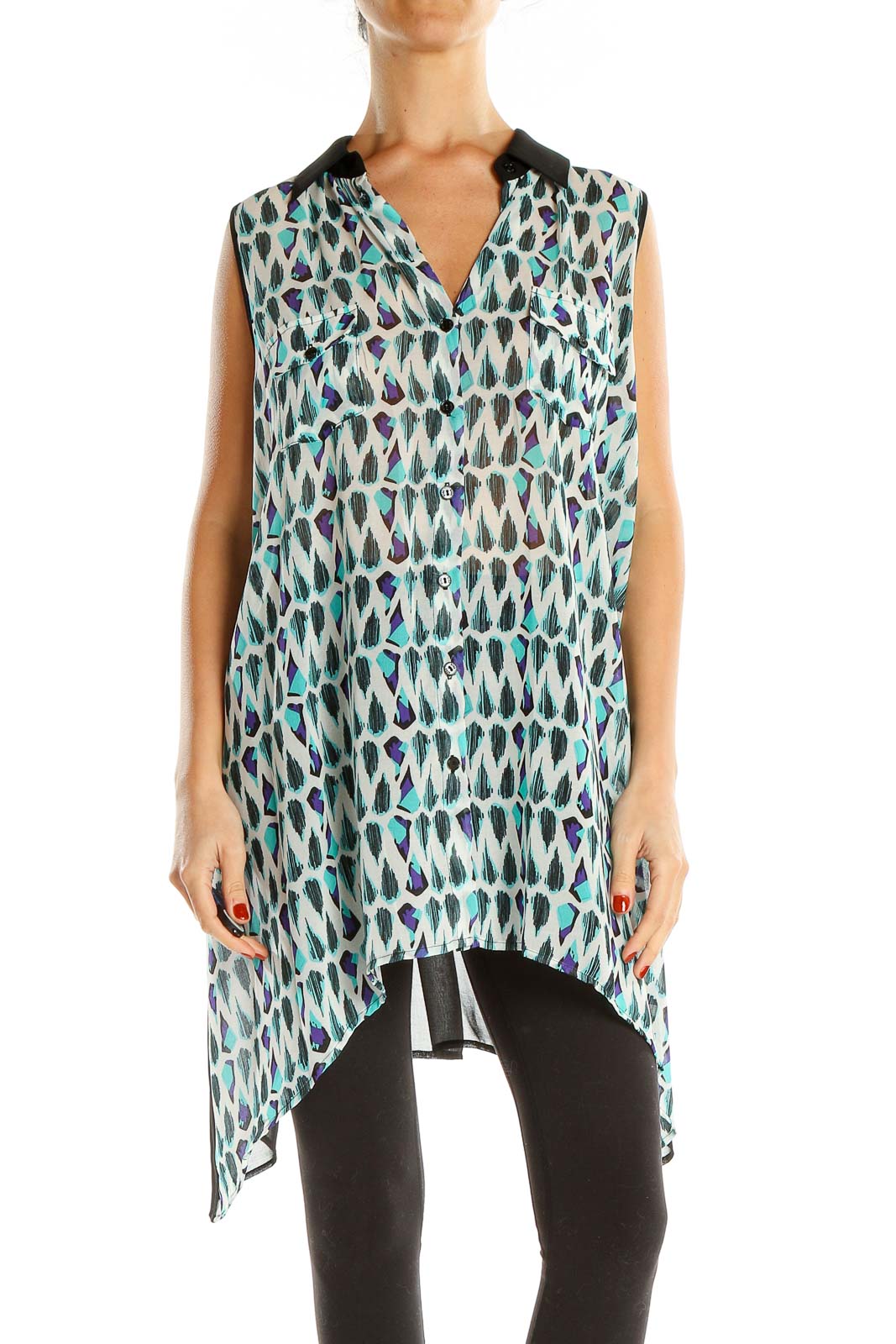 Blue Printed Long Chic Blouse Front