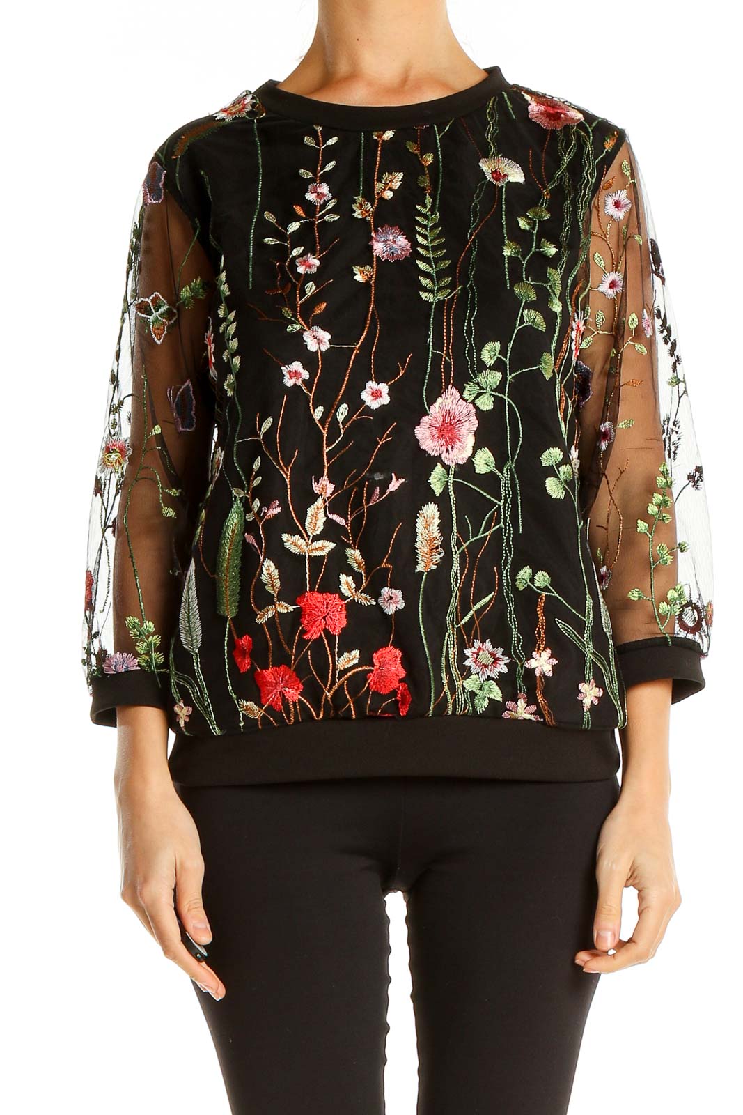 Black Floral Embroidery Bohemian Top Front