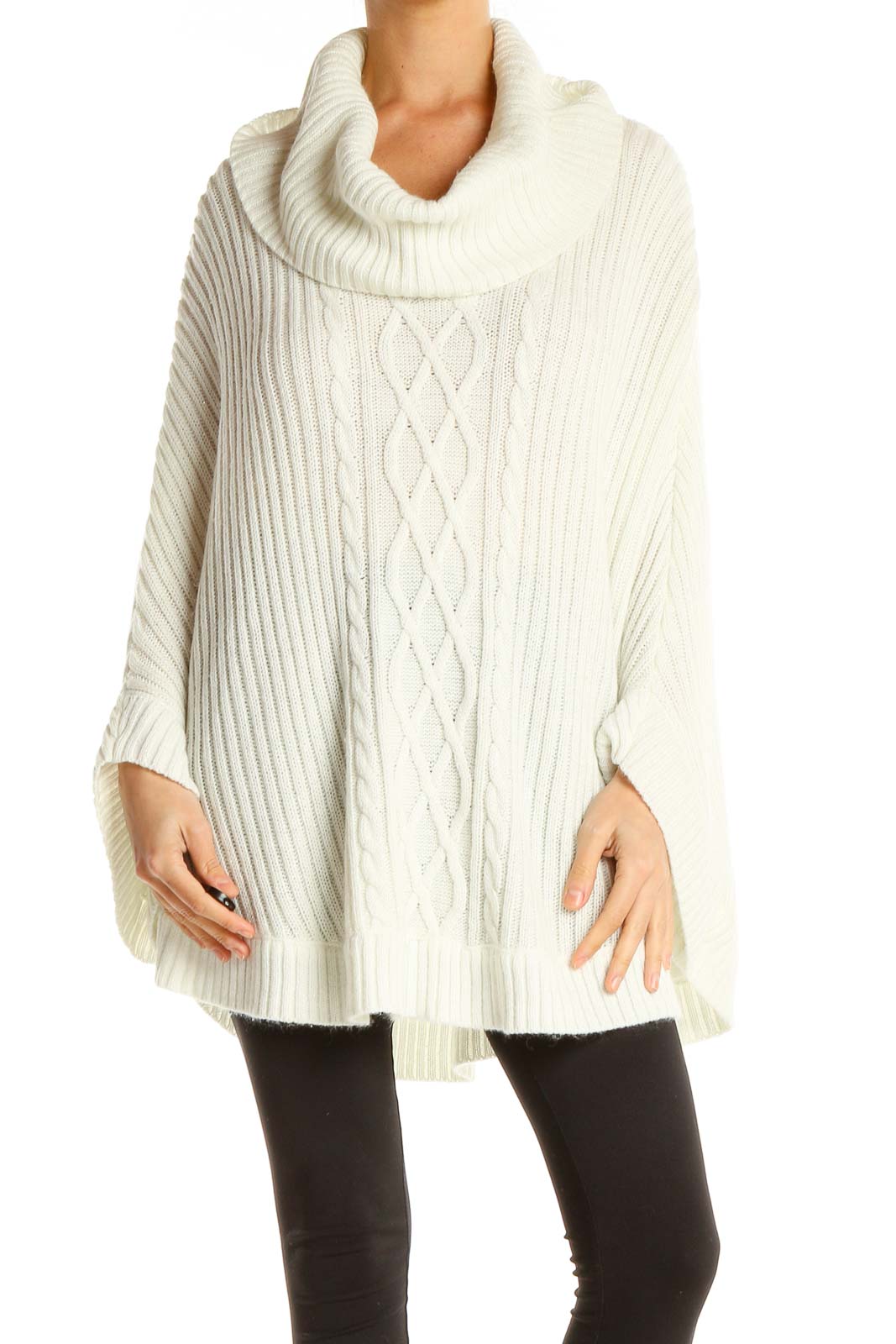 White Cable-Knit Turtleneck Sweater Front