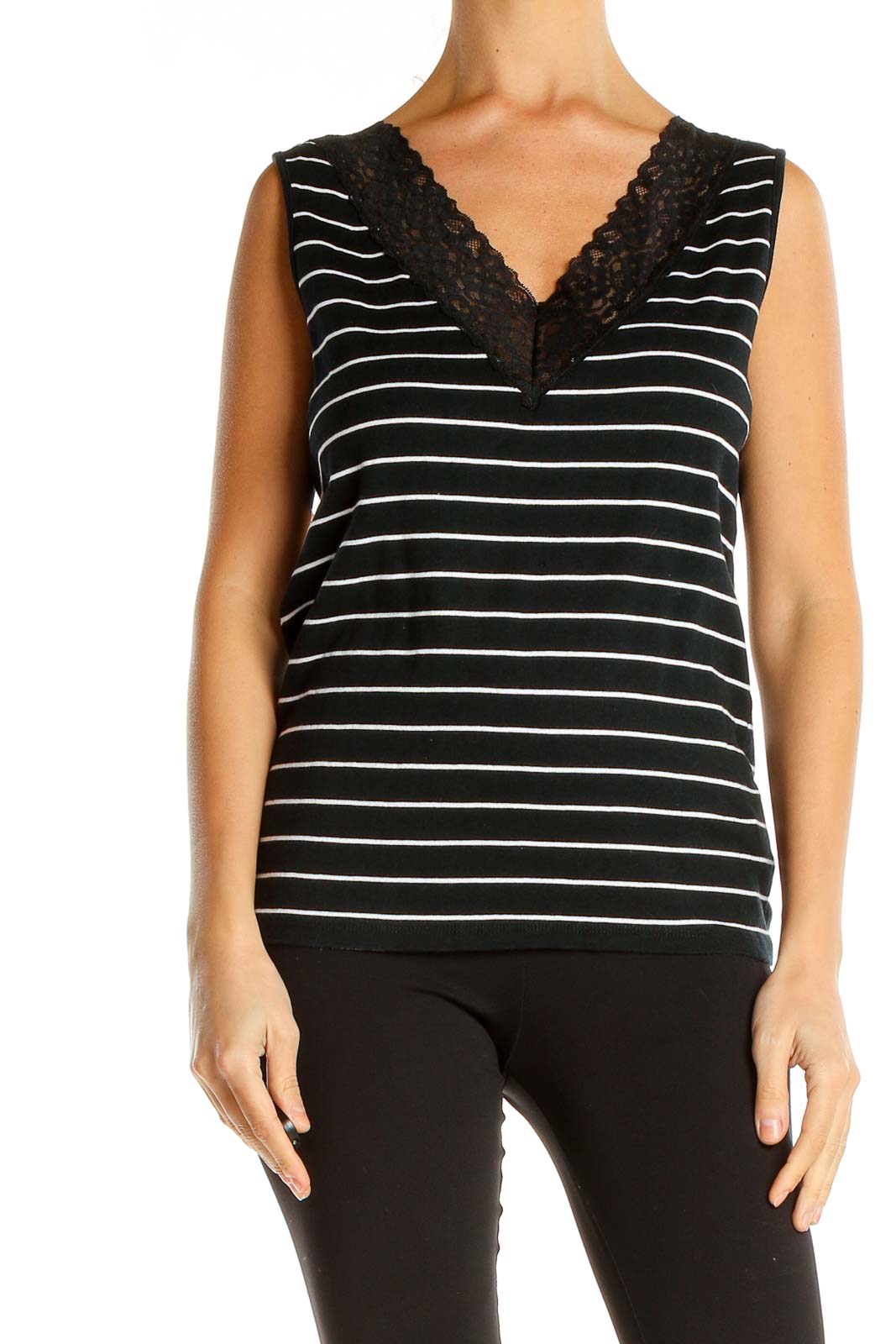 Black White Striped Casual Tank Top with Lace Trim Front