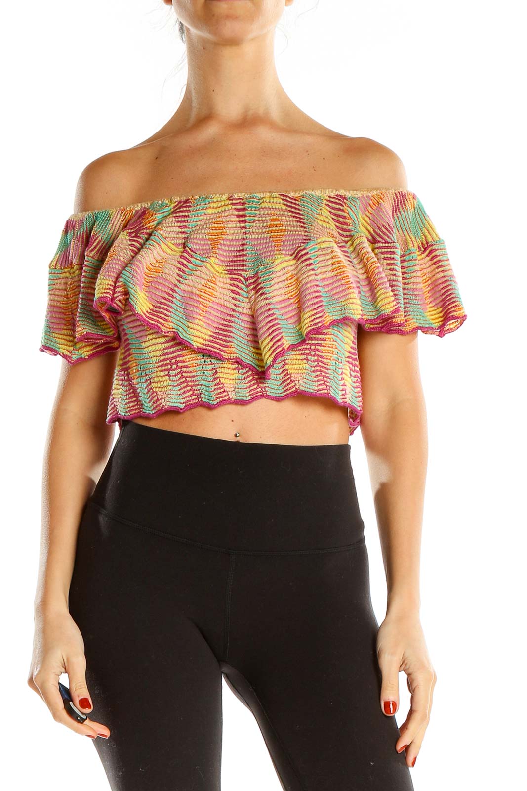 Multicolor Knitted Printed Bohemian Off the Shoulder Top Front