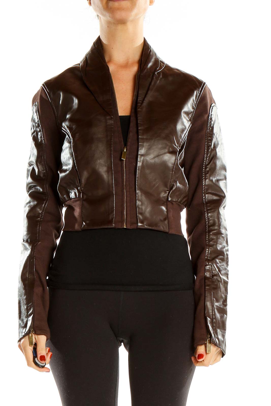 Brown Cropped Pleather Jacket Front