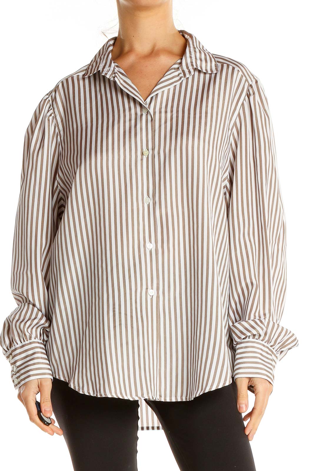 White Brown Striped Work Shirt Front