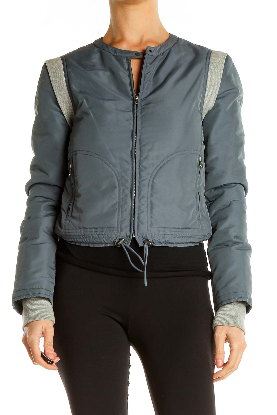Gray Cropped Puffer Moto Jacket Front