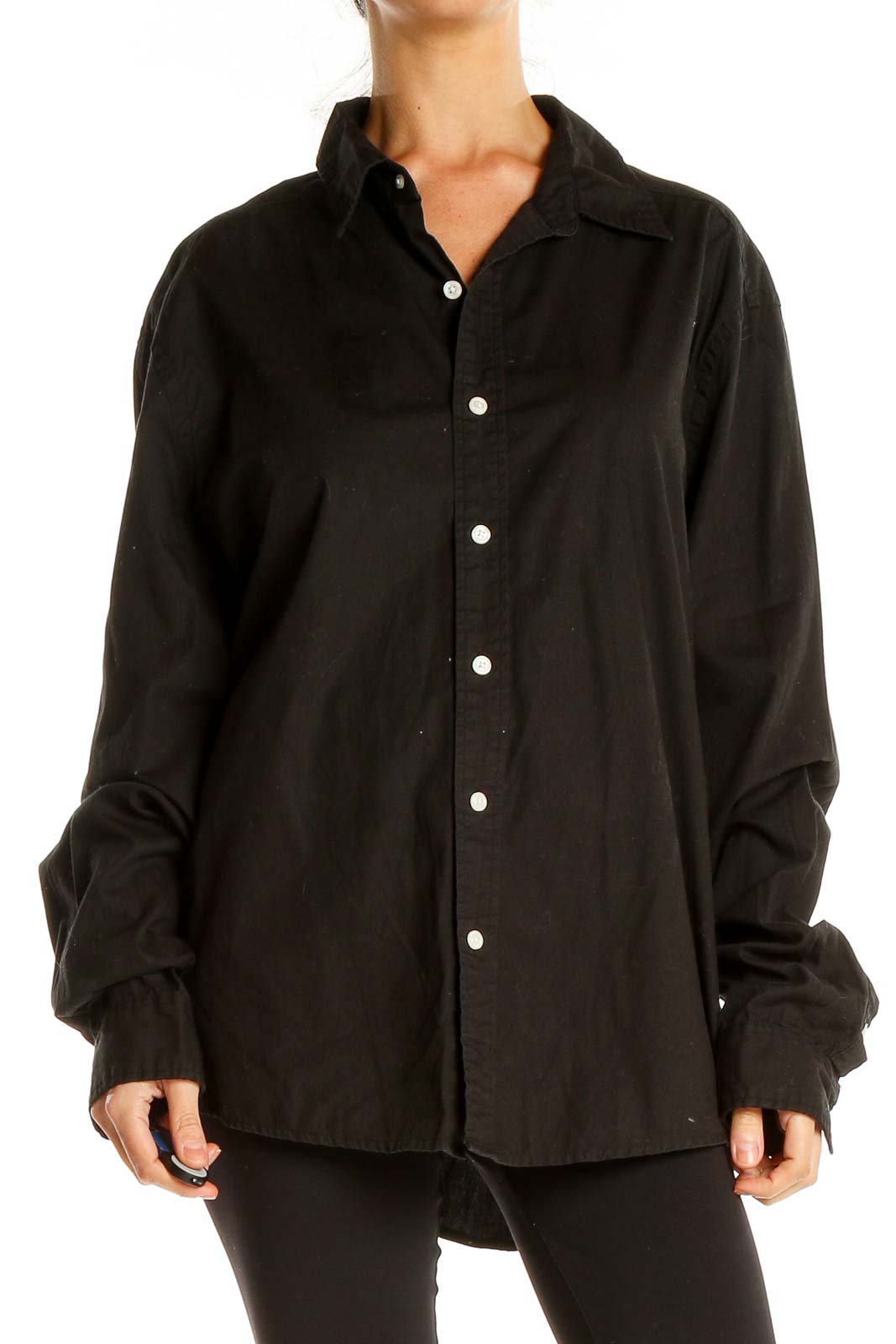 Black Oversized Casual Button Up Top Front