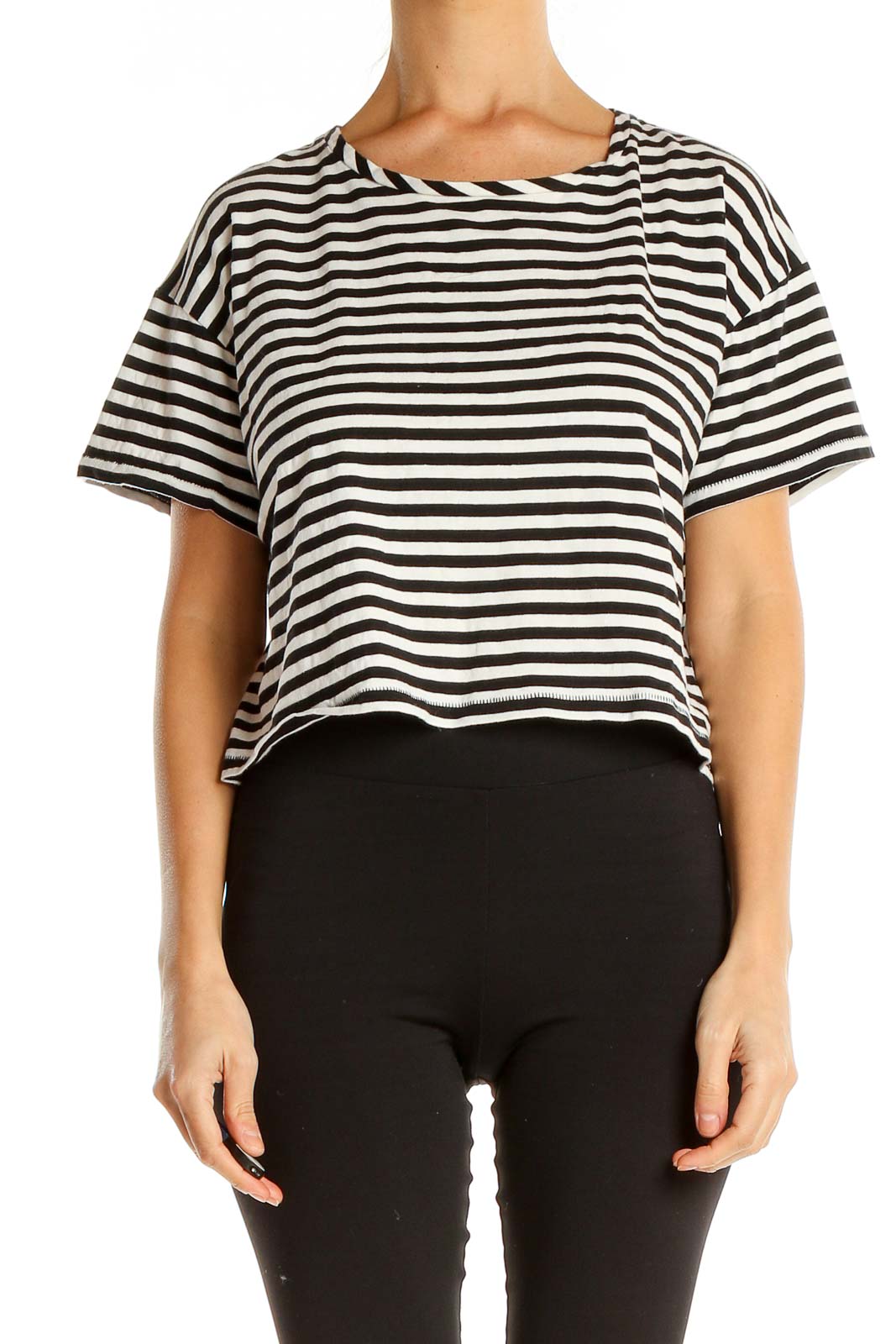 Black White Striped Casual T-Shirt Front