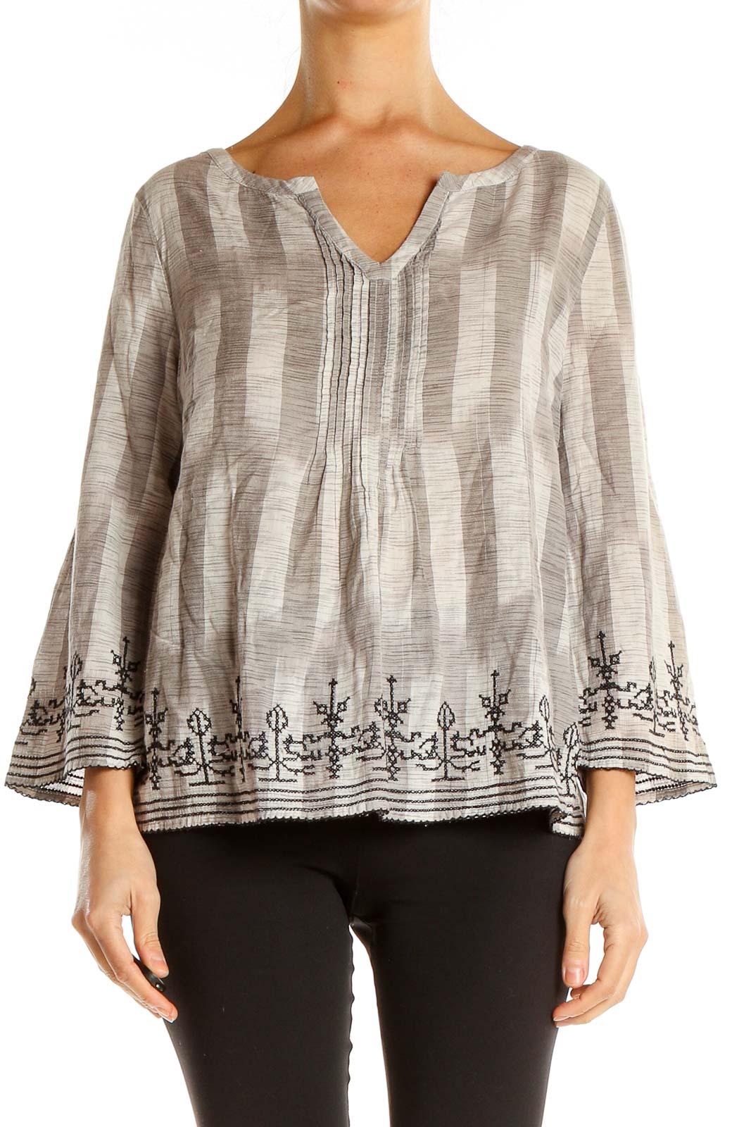 Beige Gray Textured Brunch Blouse with Embroider Trim Front