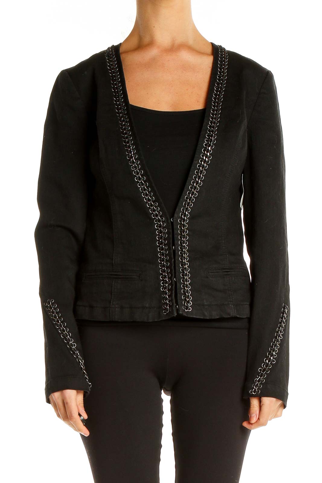 Black Jacket with Hook and Eye Closure Detail Front