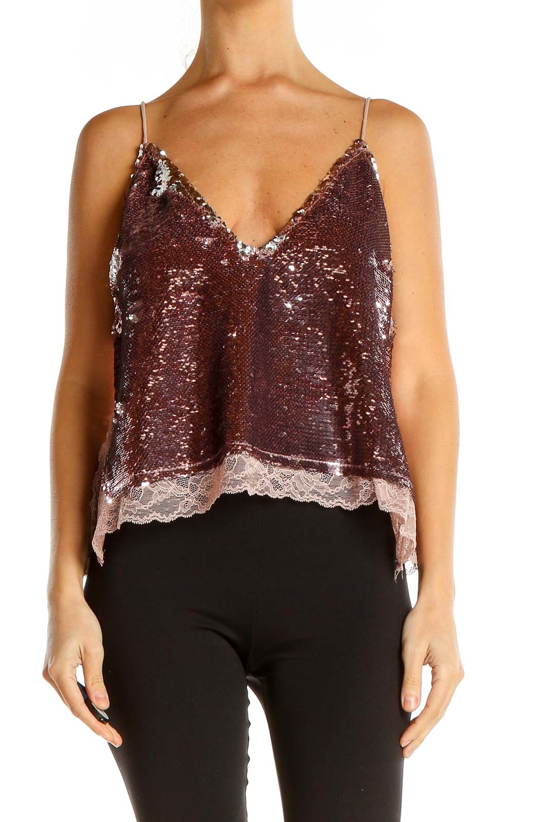 Pink Sequin Lace Party Tank Top Front