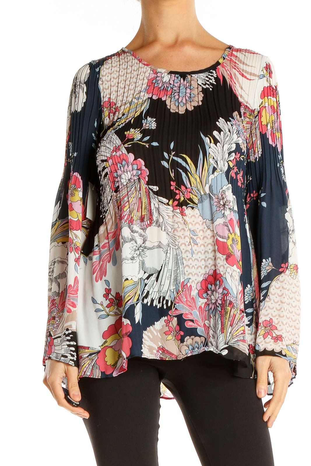 Multicolor Floral Print Pleated Chic Blouse Front