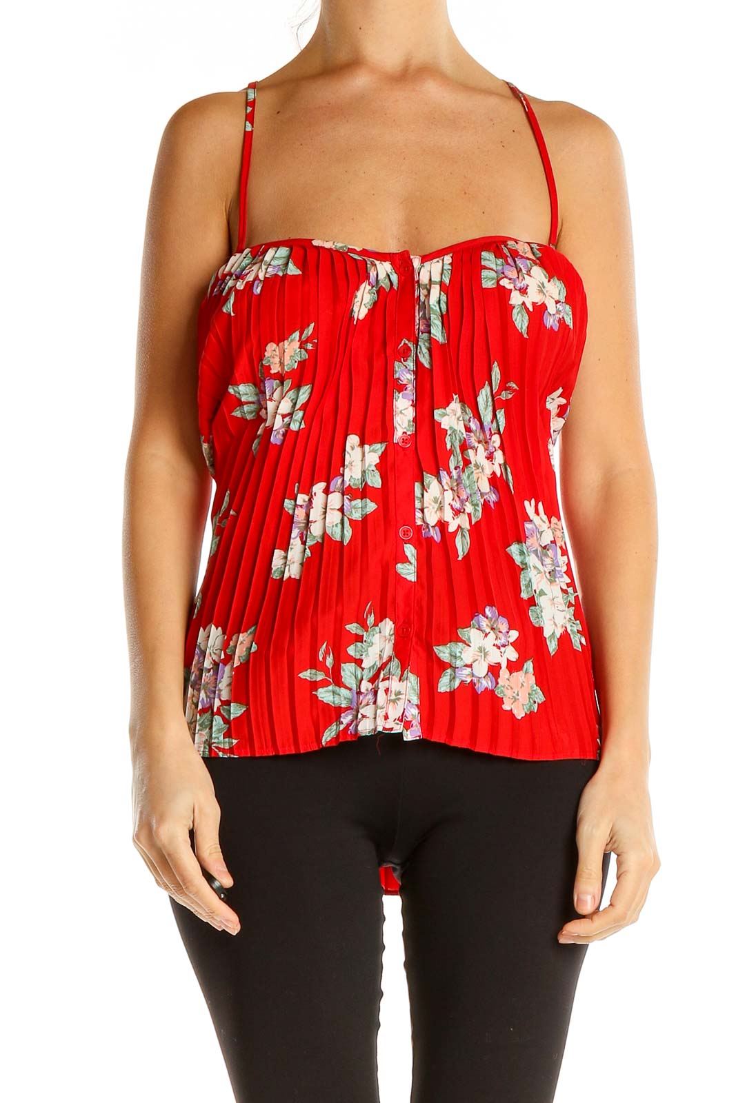 Red Floral Print Pleated Holiday Top Front