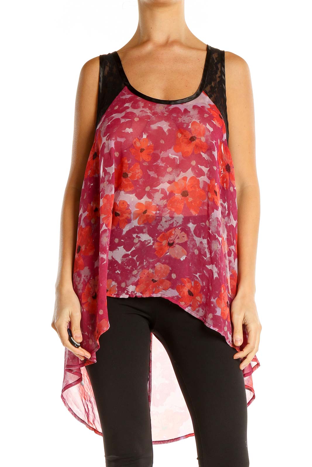 Red Floral Print High-Low Blouse Front