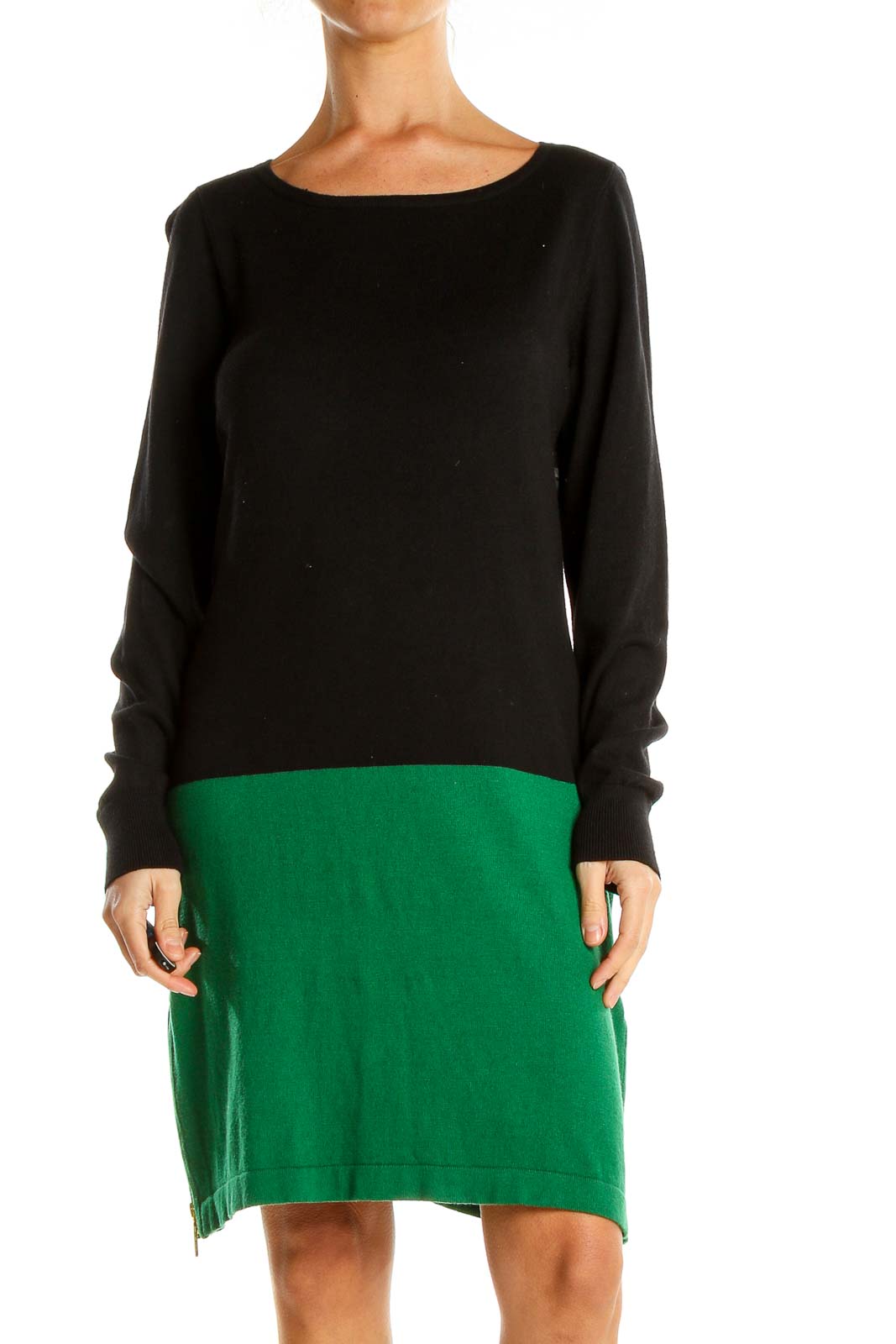 Black Green Colorblock Classic Sweater Dress Front