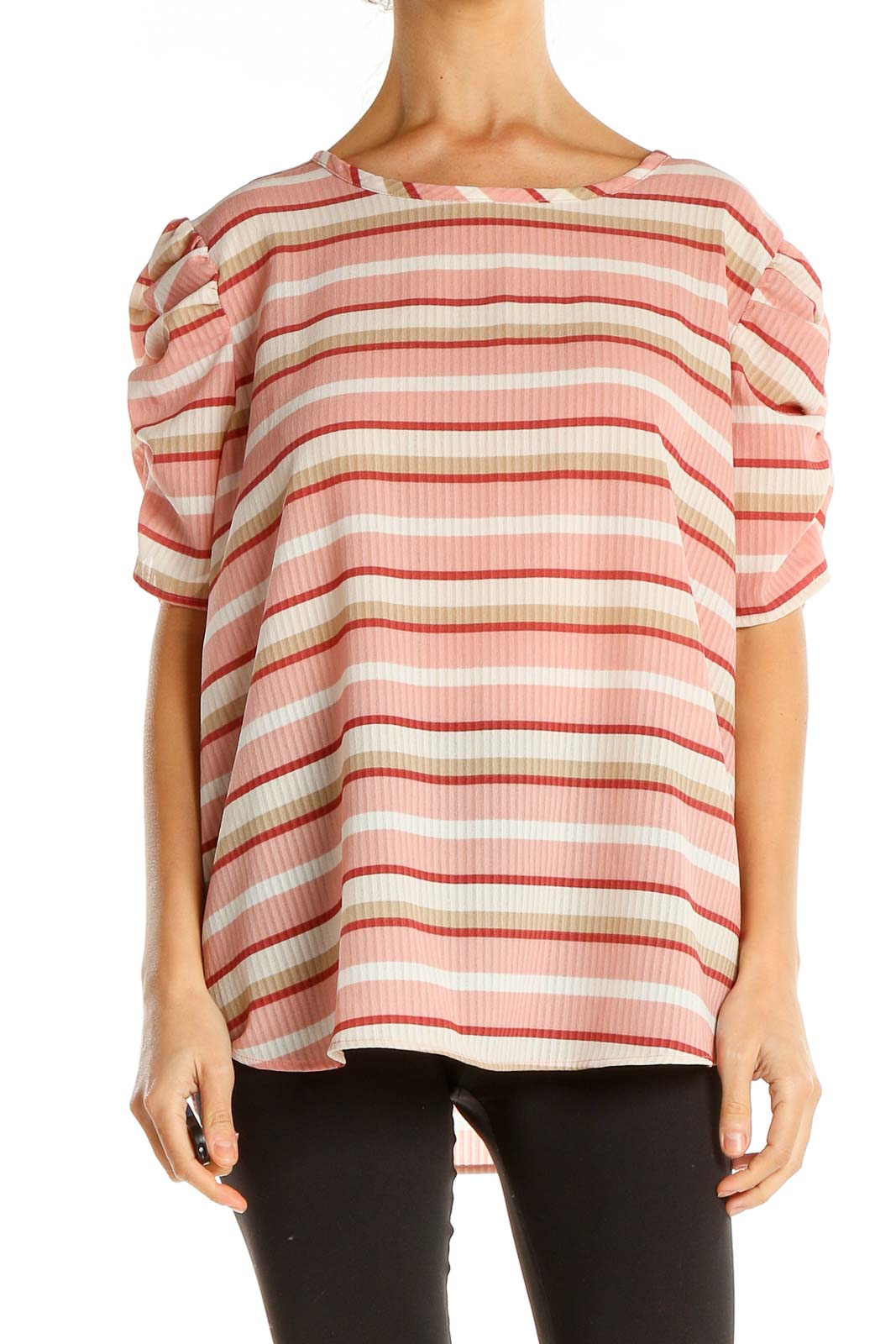 Pink Beige Striped Casual Top Front