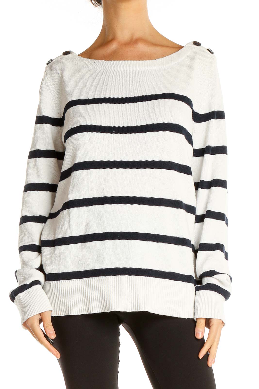 White Black Striped Classic Sweater Front
