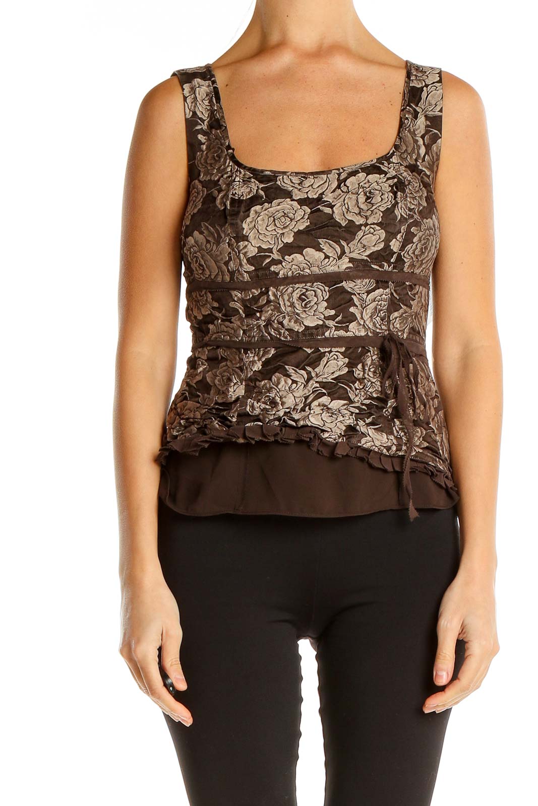 Brown Floral Print Retro Top Front
