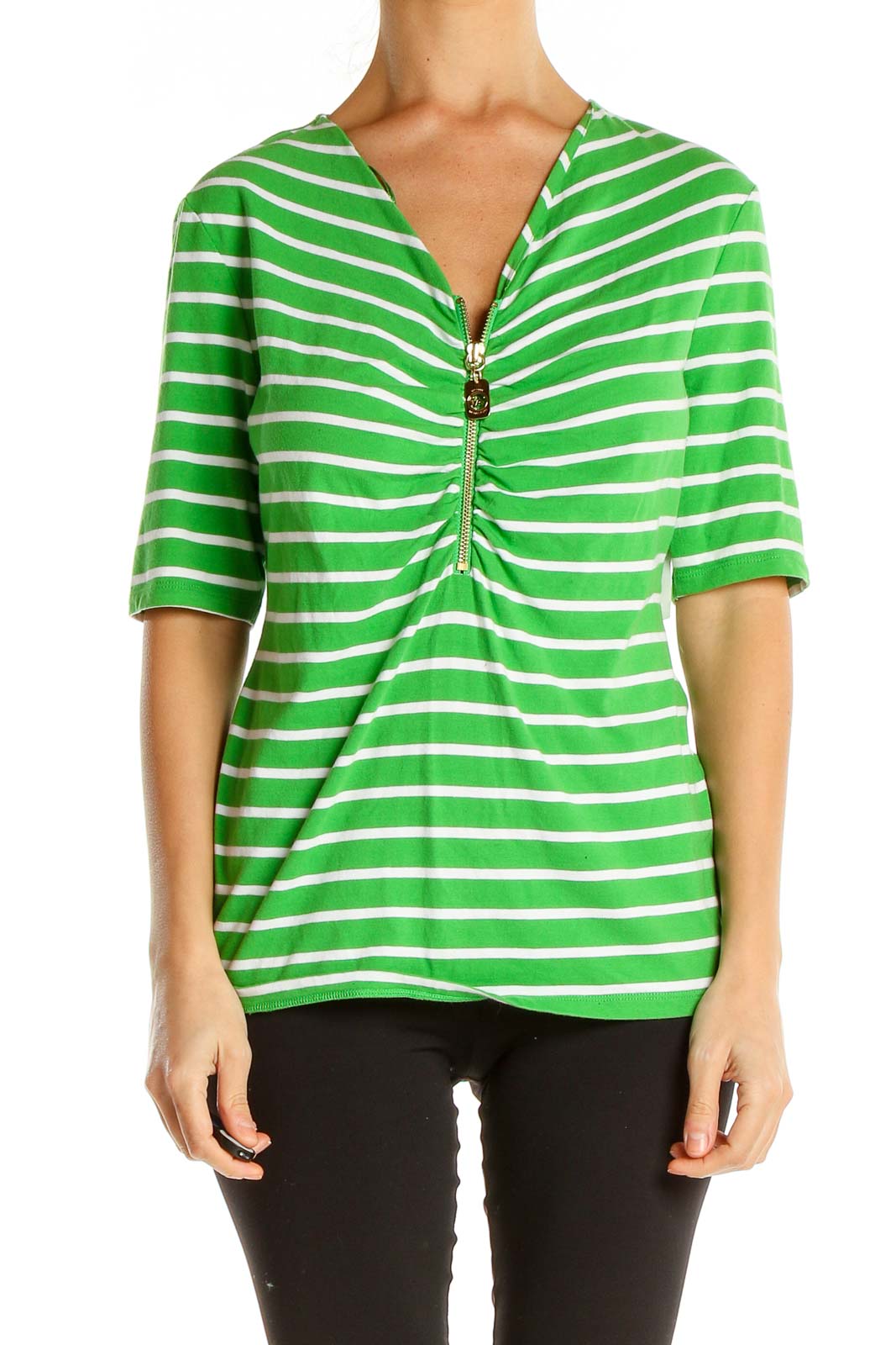 Green Striped Casual Top Front