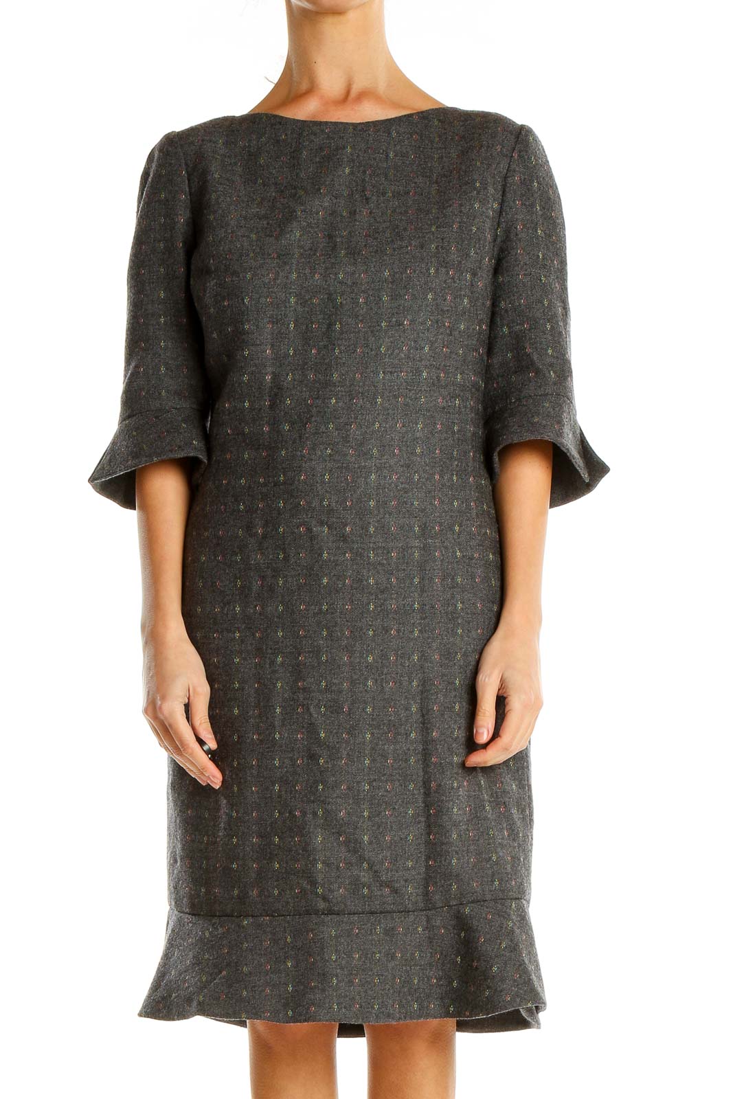 Gray Printed Classic Shift Dress Front