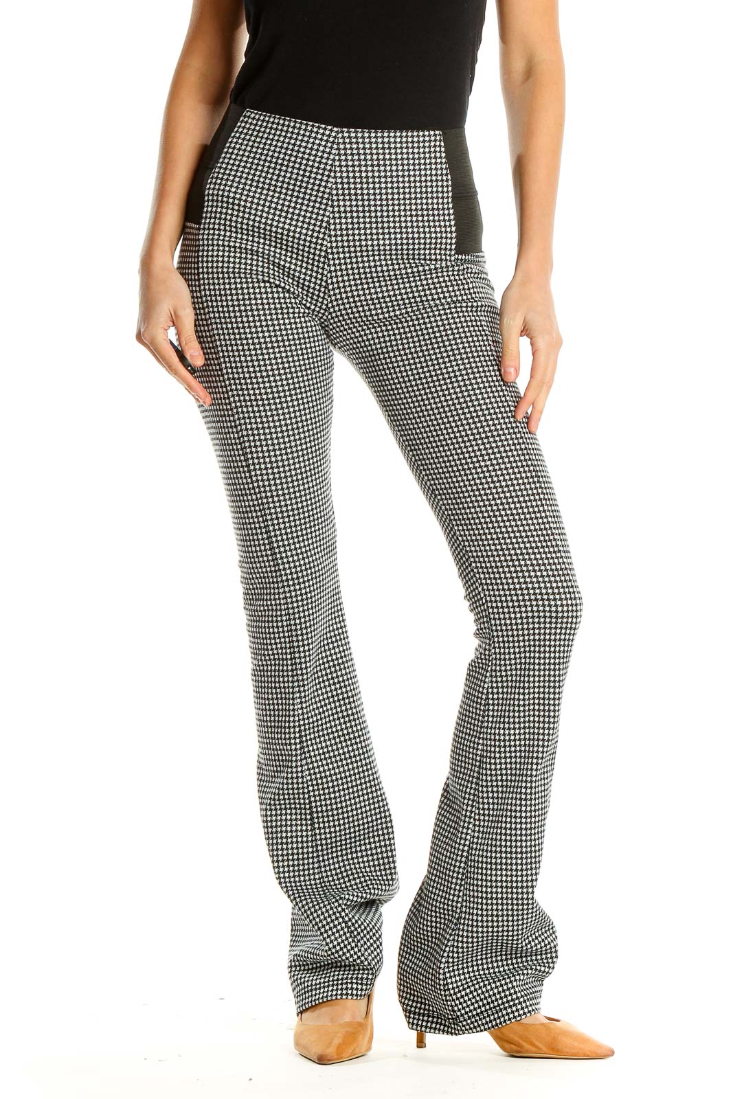 Black White Chic Houndstooth Flare Trousers Front