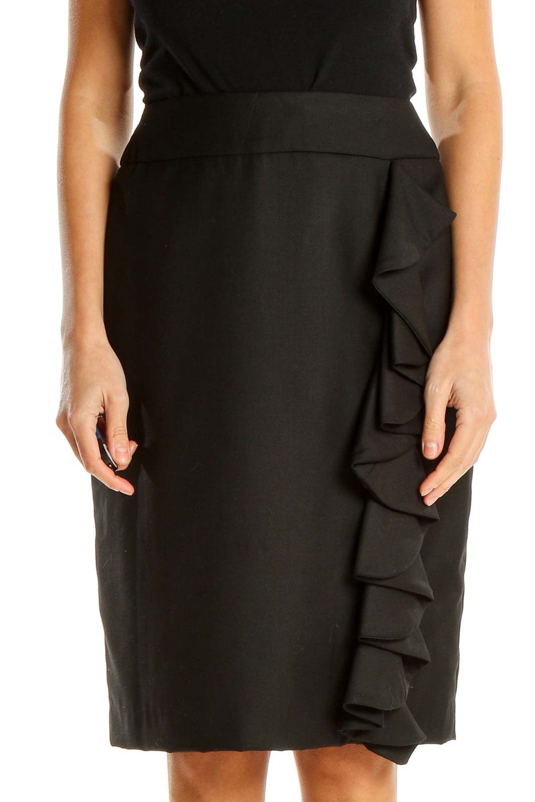 Black Textured Brunch Pencil Skirt with Ruffle Detail Front