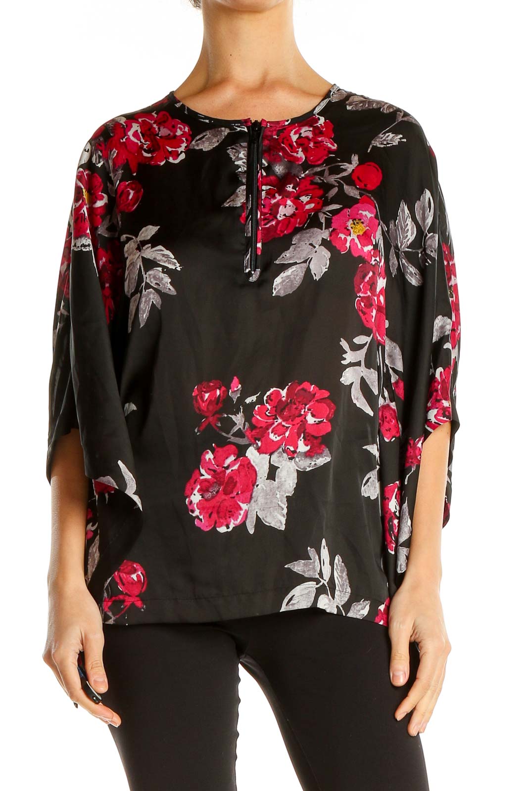 Black Floral Print Casual Top Front