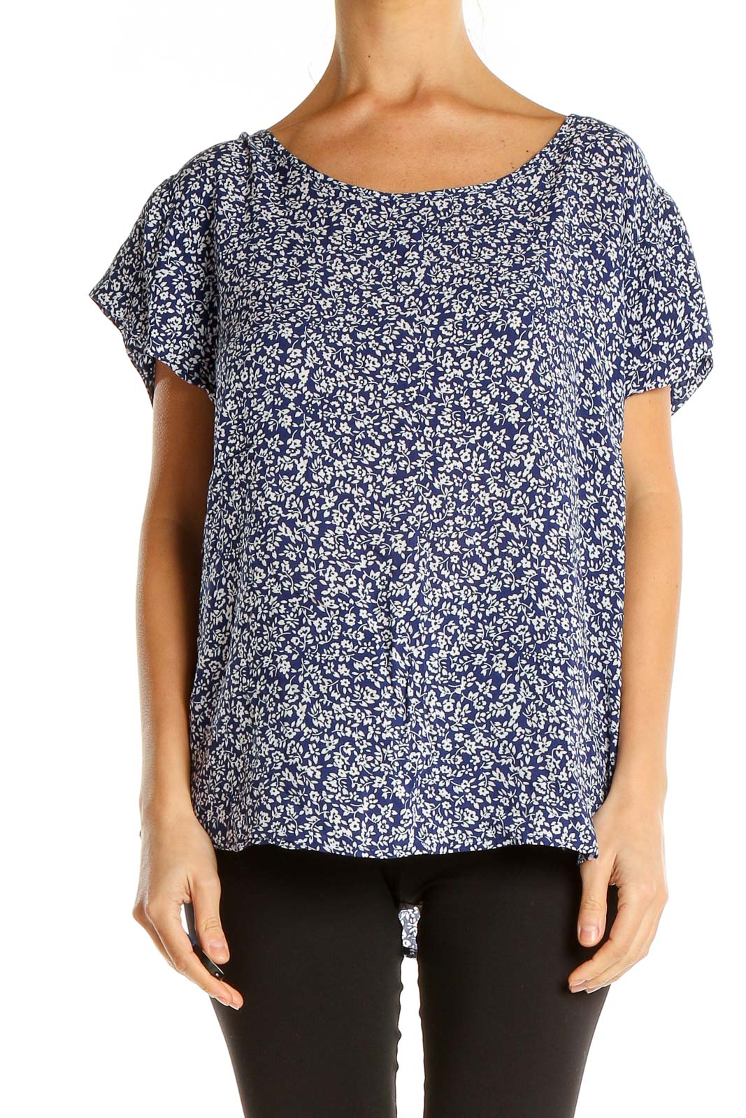 Blue Floral Print Casual Top Front