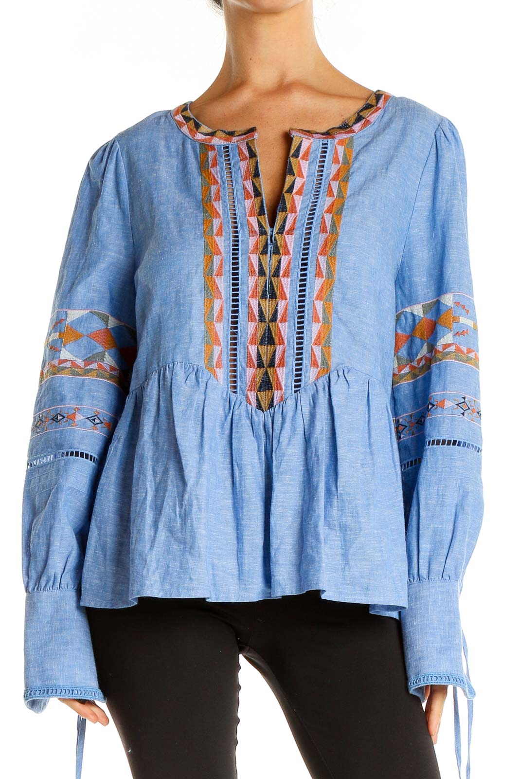 Blue Embroidered Bohemian Top Front