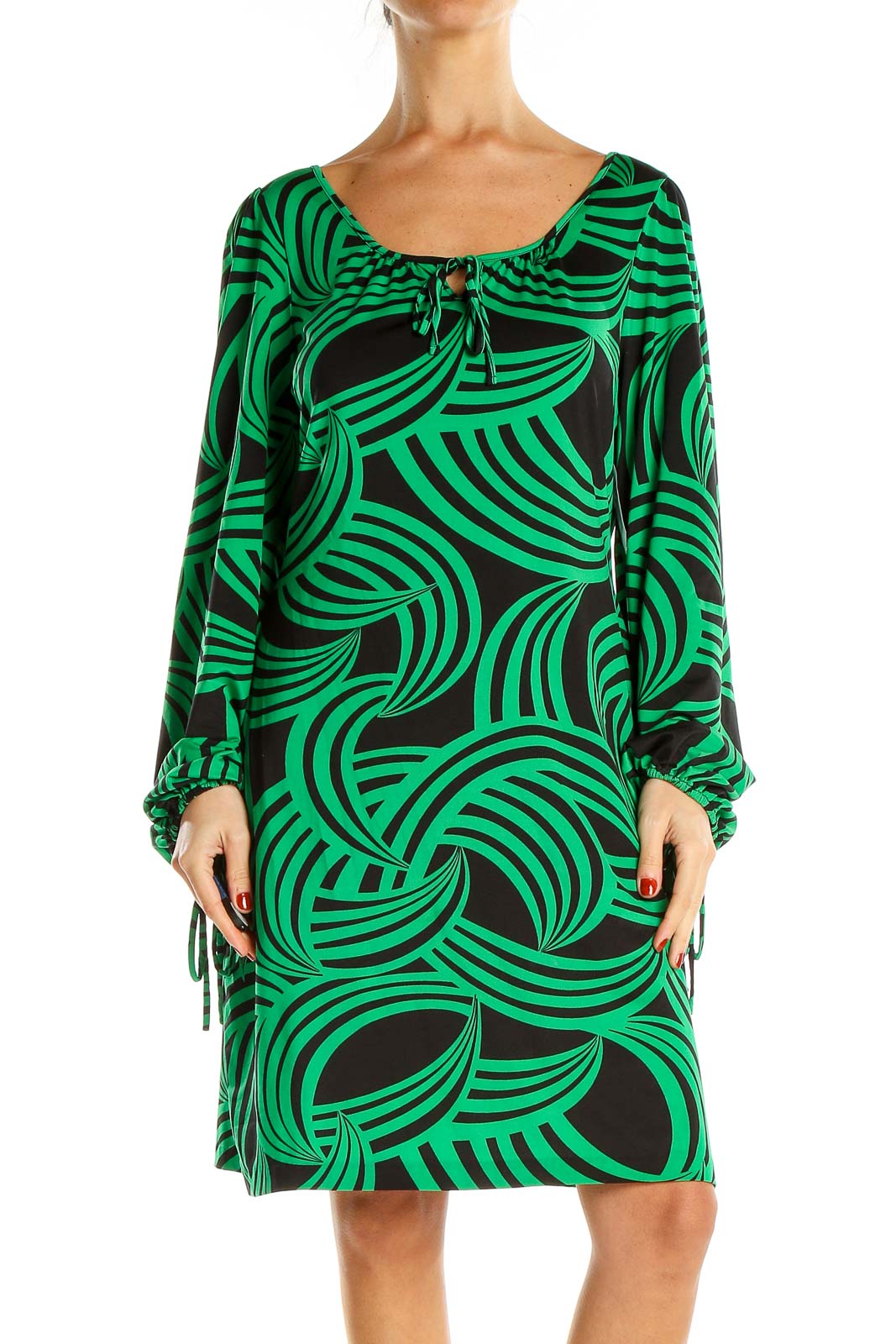 Green Black Graphic Print Retro Sheath Dress Front