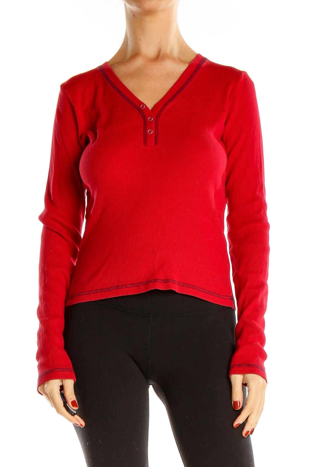 Red Contrast Stitch Casual Top Front