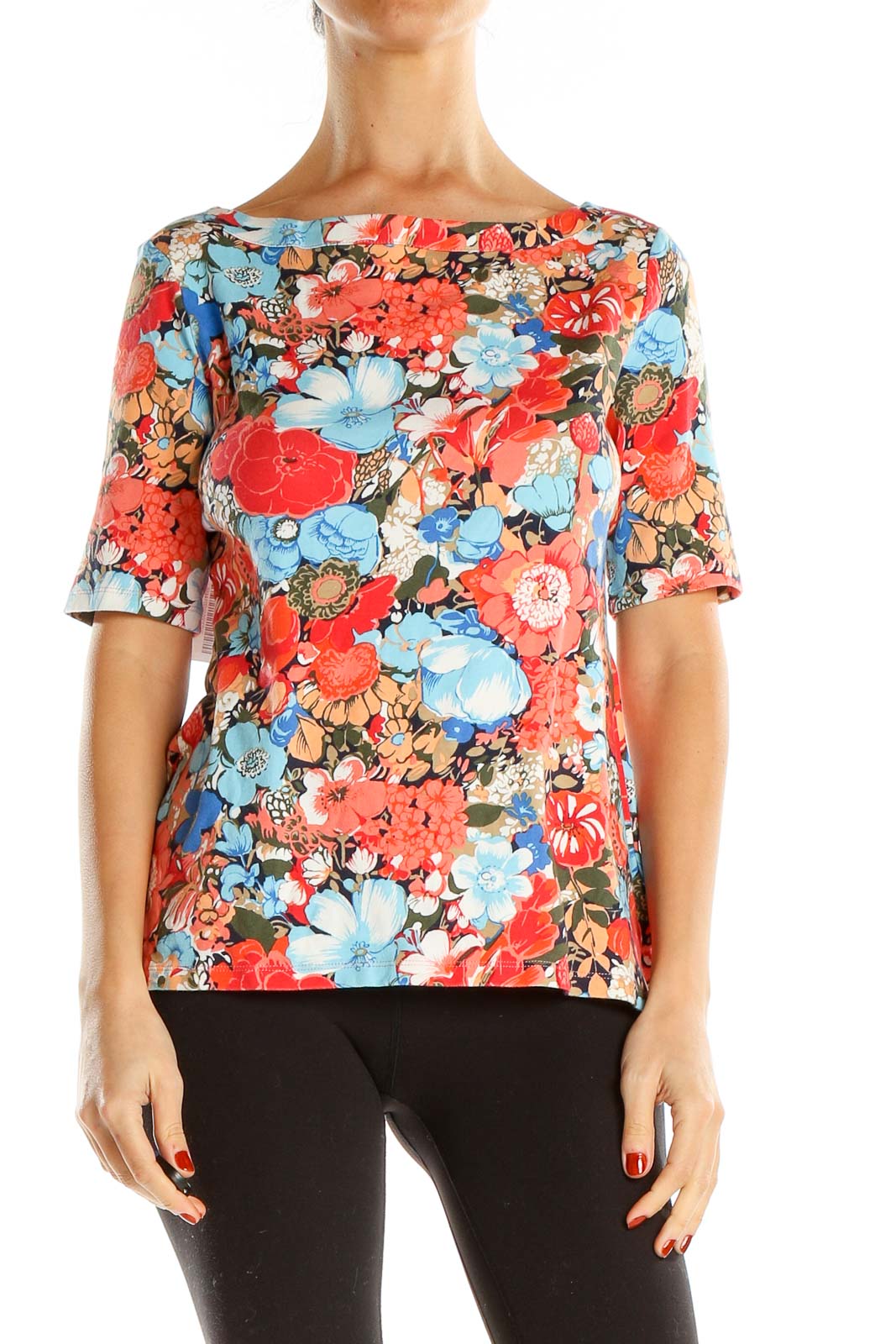 Red Blue Floral Print T-Shirt Front