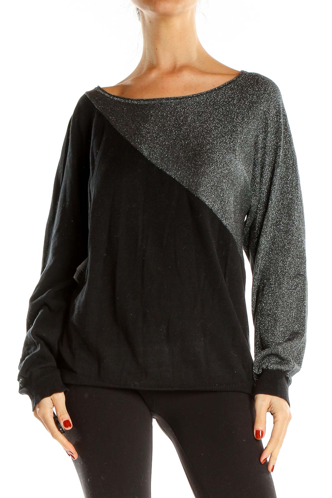 Black Gray Shimmer Colorblock Party Top Front