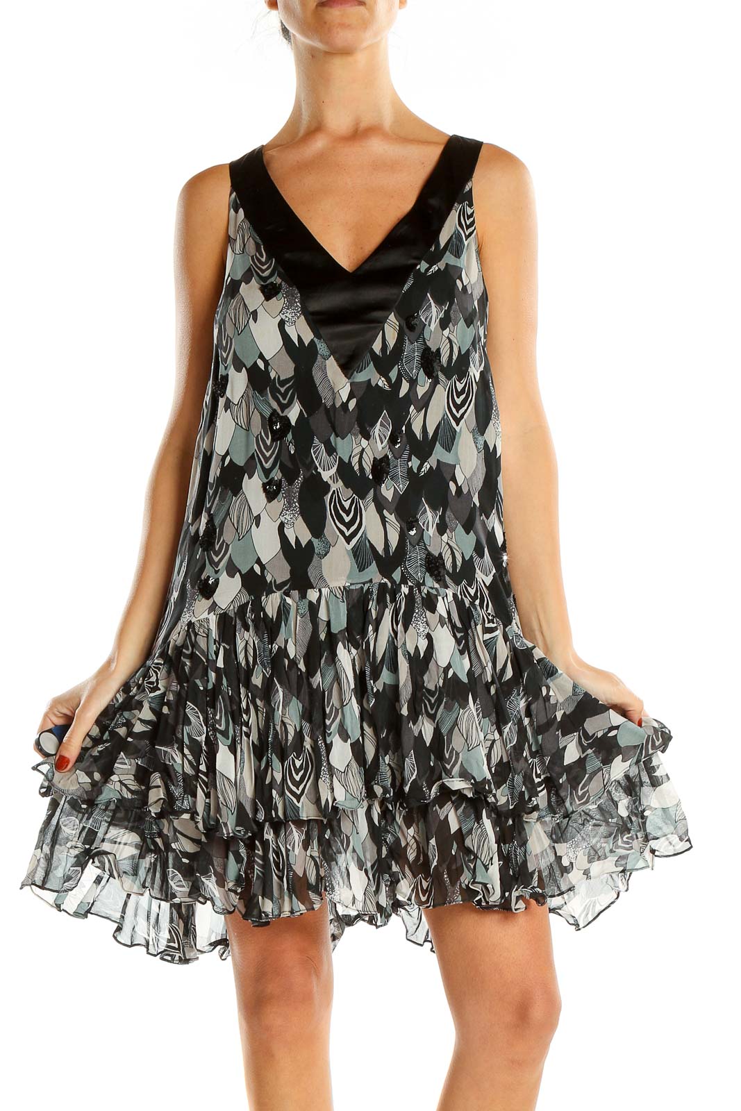 Black Gray Feather Printed Retro Fit & Flare Dress Front