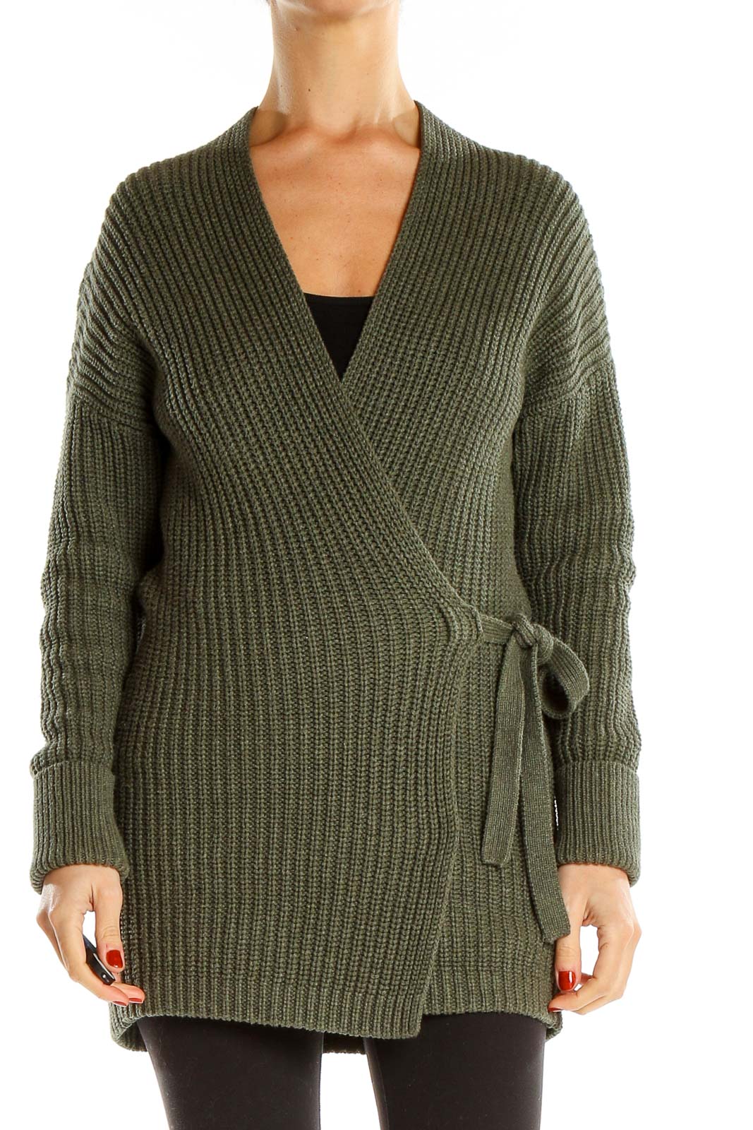 Green Knitted Wrap Sweater Cardigan Front